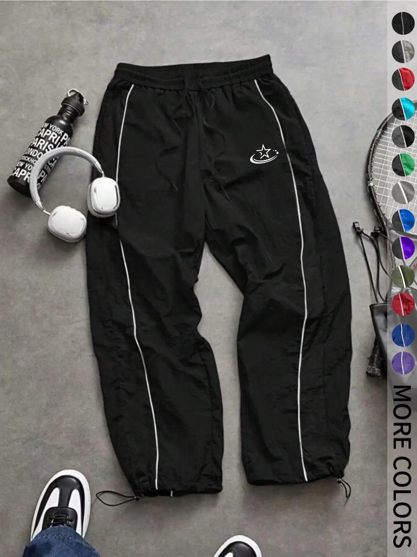 New Men's Casual Sport Pants, Loose Fit, Drawstring Waist, Elastic Ankles, Pockets, Cartoon Print, Lightweight, Spring & Fall, Casual Sporty Pants