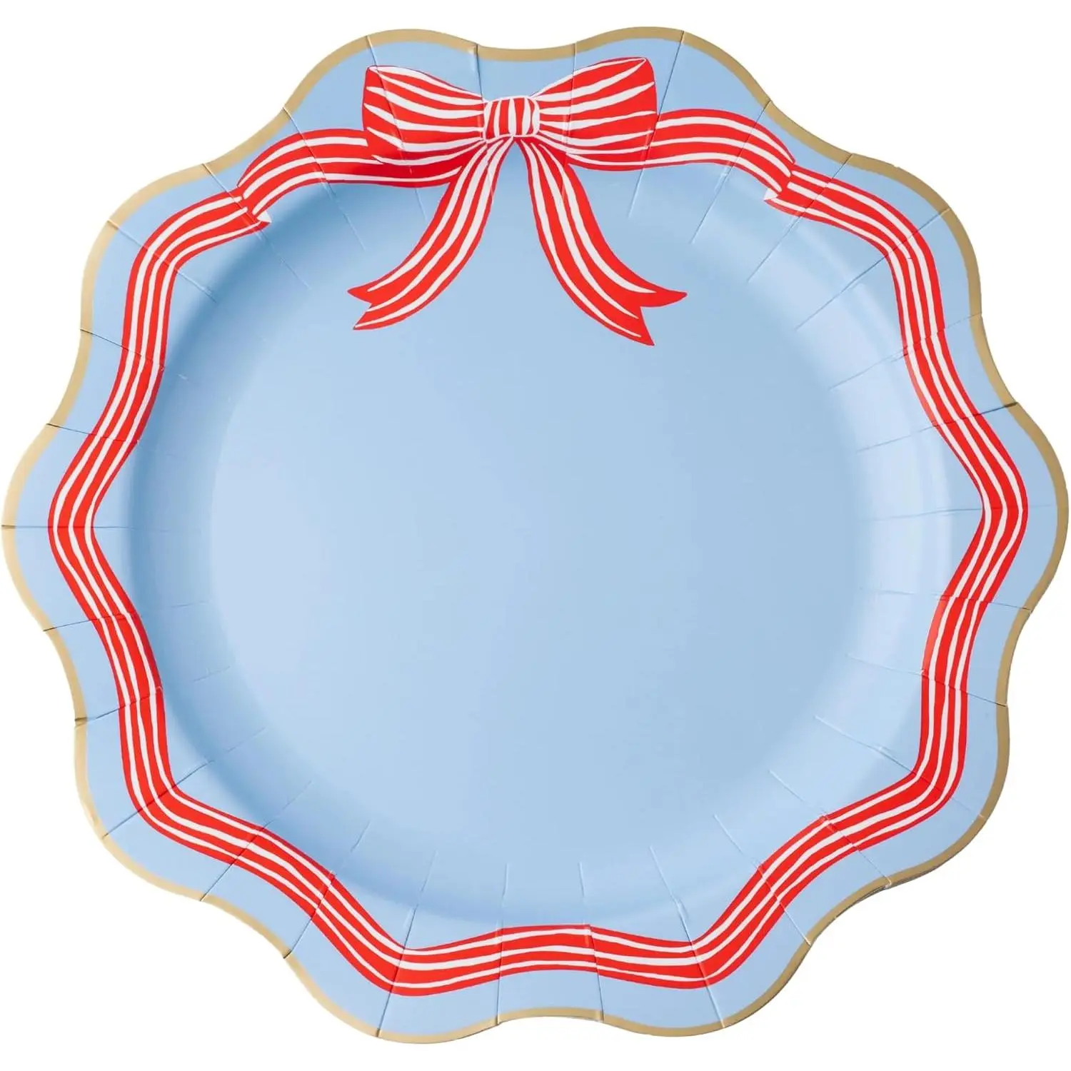 Fête Elegant Sky Blue & Red Bow Dinner Plates, Pack of 8, 11" | Patriotic Scalloped Paper Dinner Size, 4th of July & Americana Parties, Disposable Party Plates