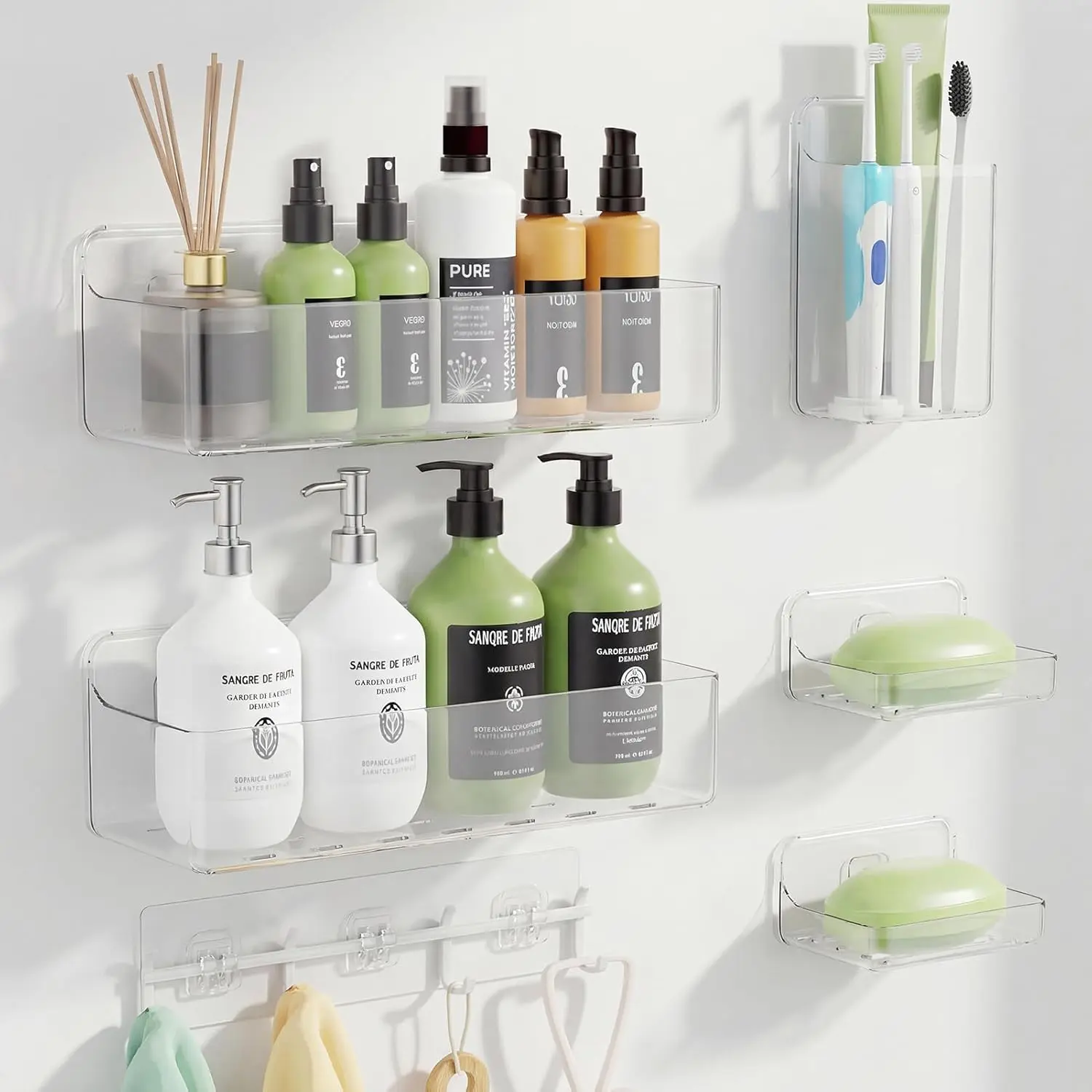 Adhesive Shower Caddy 6 Pack Rustproof Shower Shelves for Inside Shower No Drilling Bathroom Organizers and Storage Large Rack with Soap Holder Clear (clear)