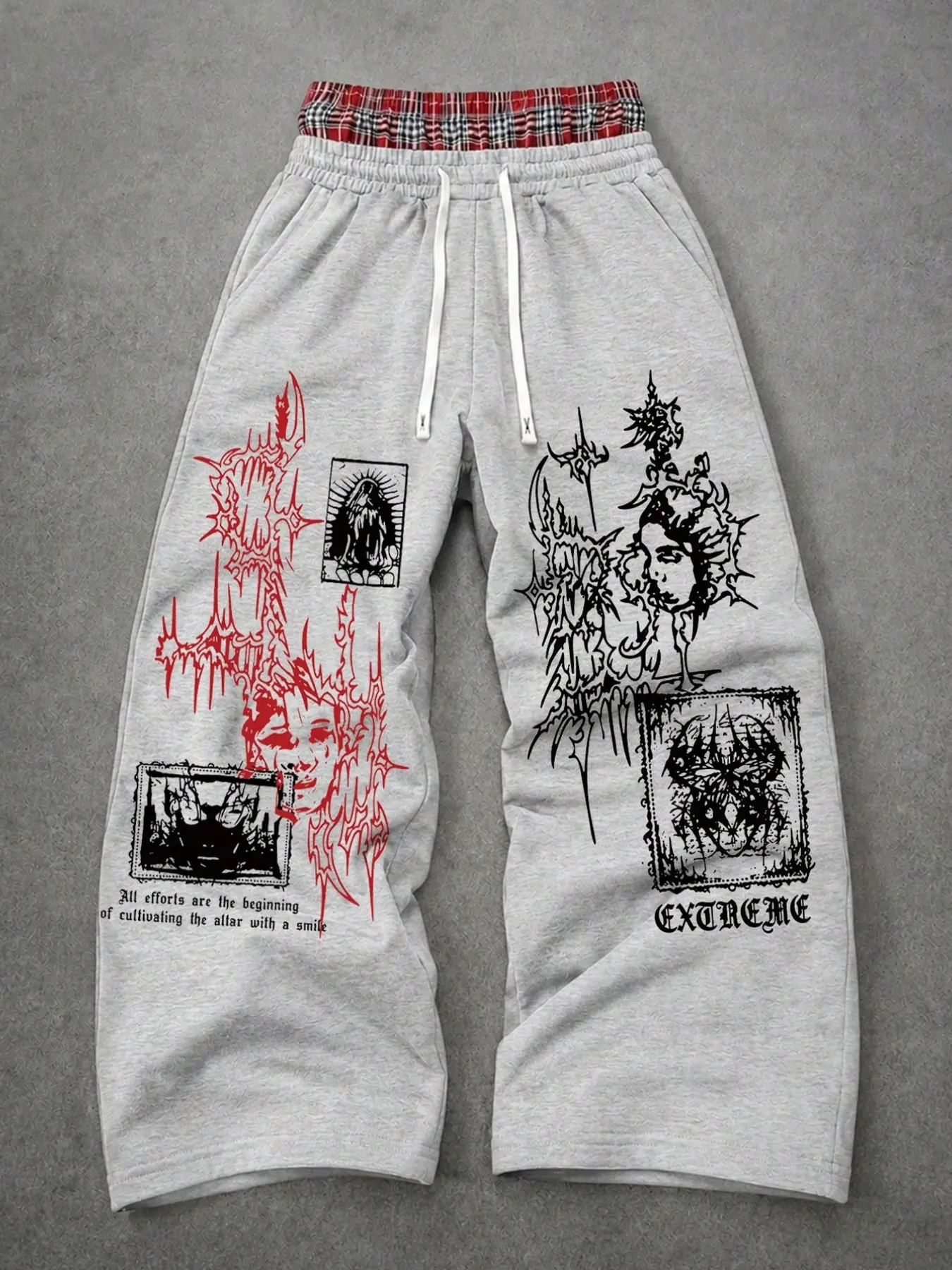 Unisex Cyber Y2K Goth Wide Leg Sweatpants Layered Red Plaid Waistband Gothic Graphic Printed Drawstring Loose Joggers for Street Style & Dance