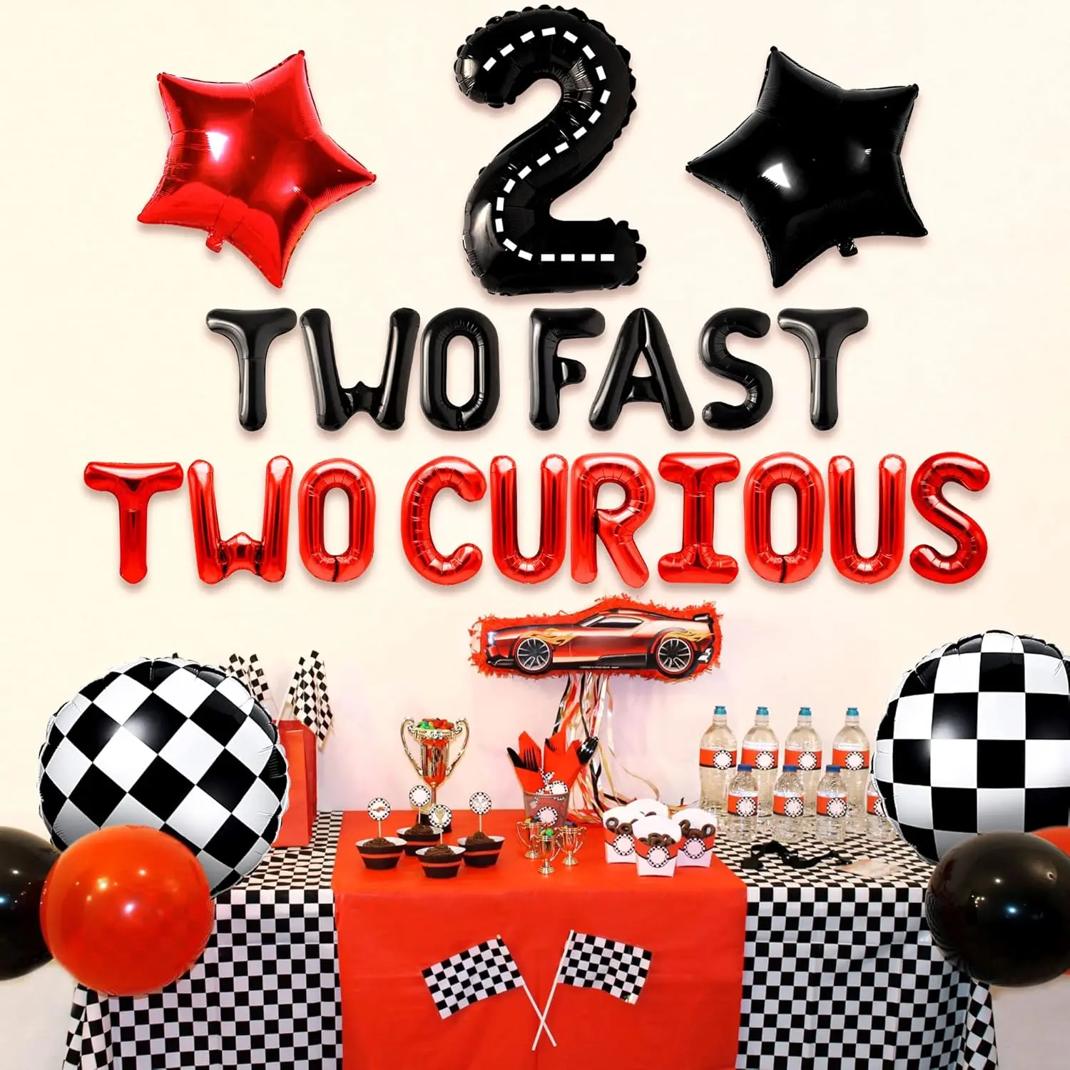 Curious Theme Racing Car Party Decorations Set - Multiple Pieces Fast Decor Kit with Curious Theme Birthday Banner, Background Backdrop, Balloon Set