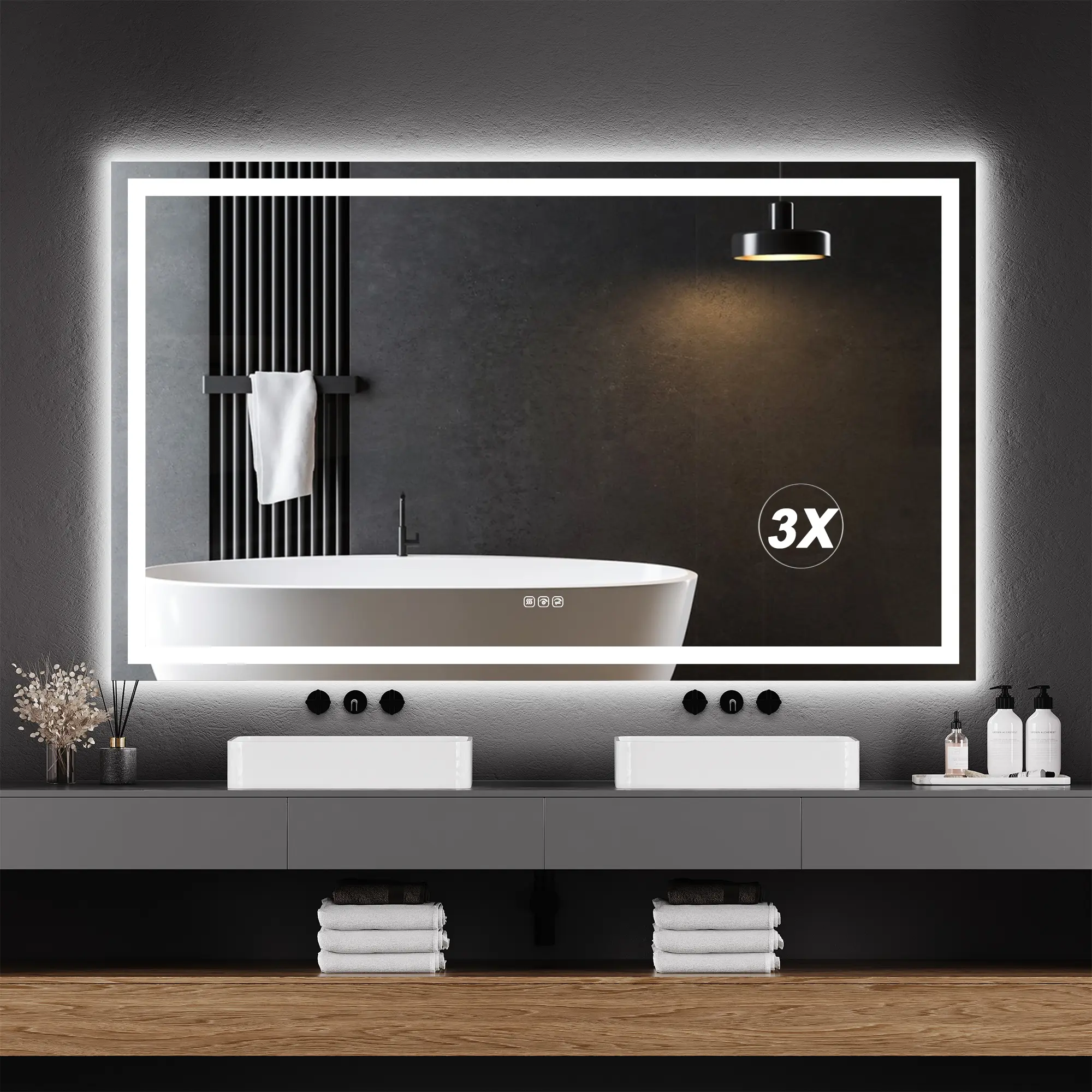 OP-LED Bathroom Mirror 60x36 Inch with Suction Cup 3X Magnifier, Large Wall Mounted Vanity Mirror with Lights, Stepless Dimming, Front & Backlit, 5mm Silver Glass, Aluminum Frame