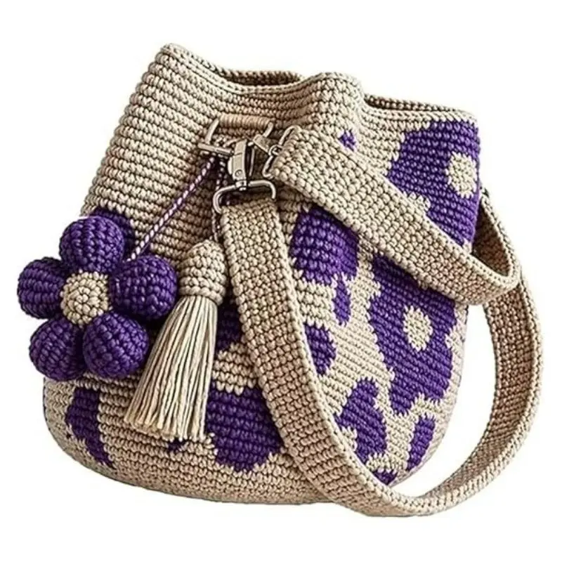 Boho Crochet Flower Bucket Bag, Handmade Floral Drawstring Crossbody Shoulder Purse for Women, Summer Beach & Casual Use, Stylish and Unique Design