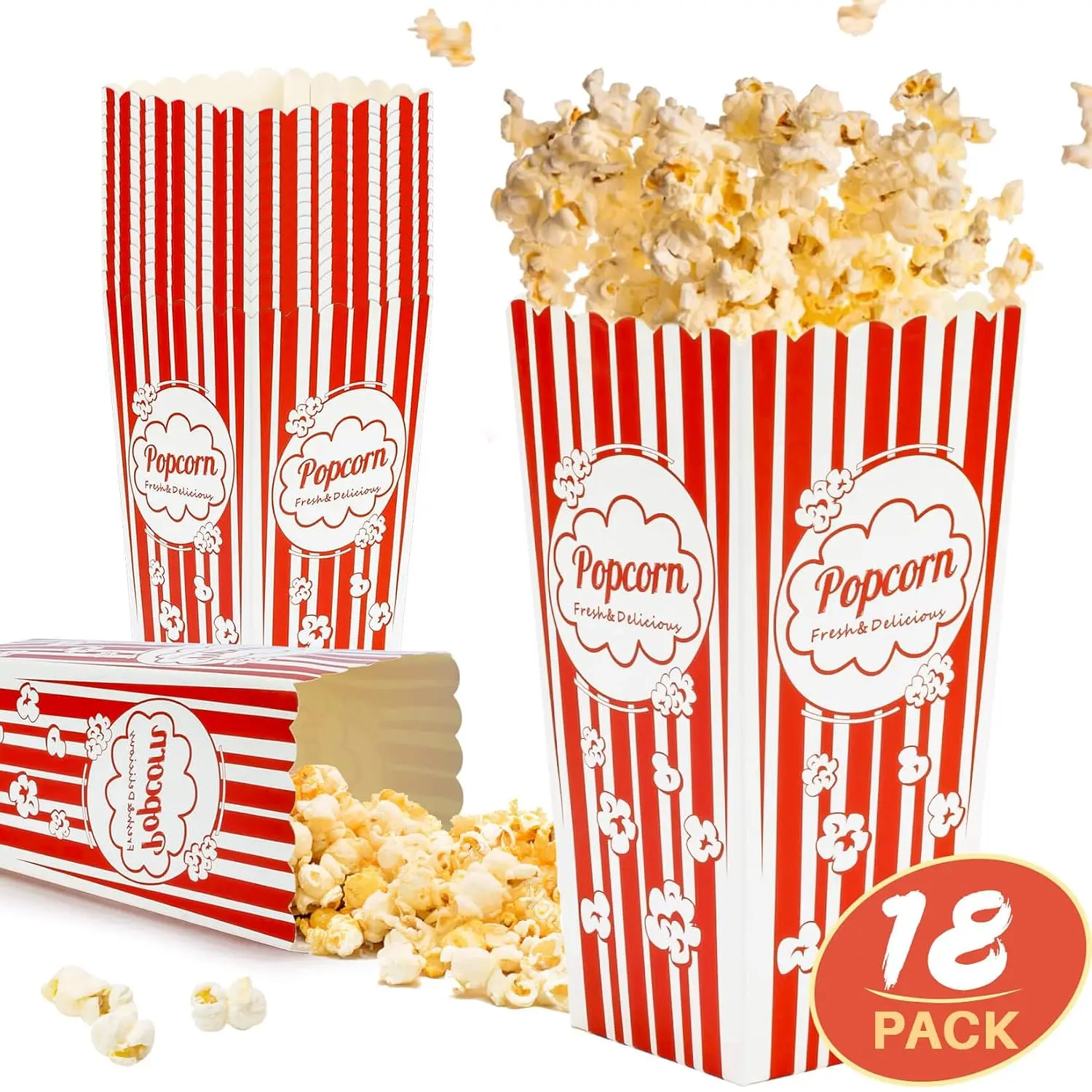 18 Popcorn Boxes Easy Assembly - 46oz Square Popcorn Bowls Square Buckets Containers Tub Paper Cups Holders Disposable Halloween Carnival Christmas Movie Night Party Individual Servings