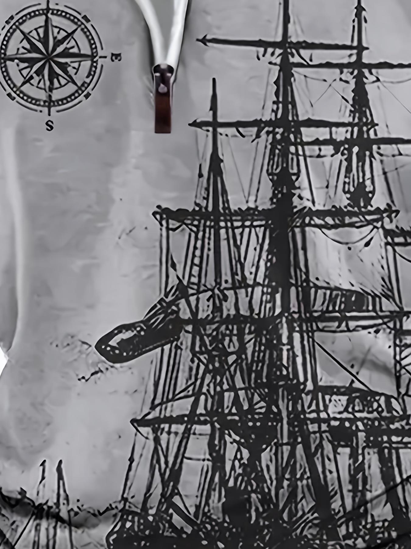 Autumn and winter vintage style sailboat print men's casual and comfortable long sleeved polo shirt Streetwear Collared Menswear