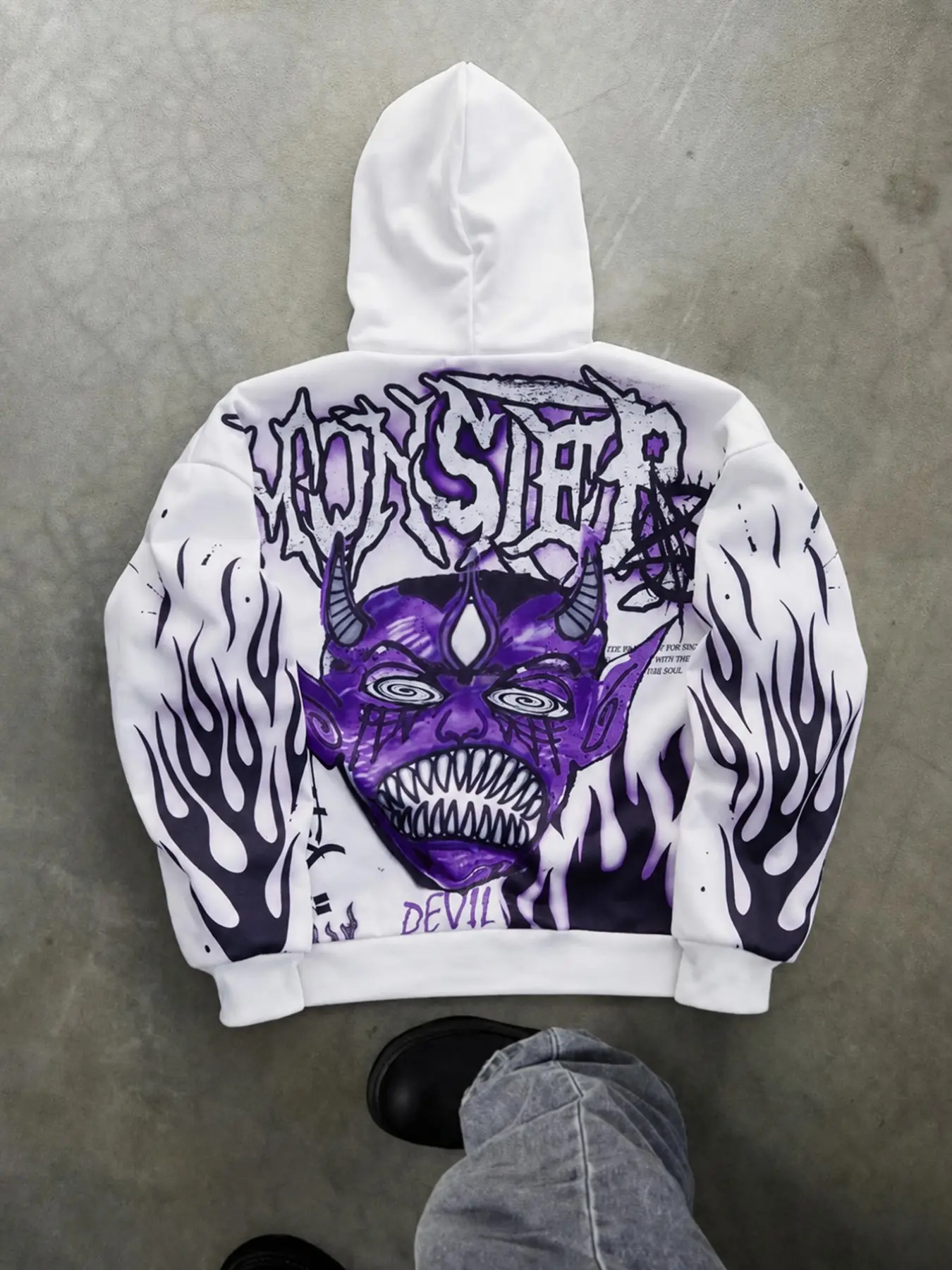 Y2K Grunge Purple Flame Skull Graphic Hoodie Heavyweight Oversized Unisex Streetwear Pullover Sweatshirt with Flame Printed Sleeves Hooded Tops for Skate Music Festival Daily Wear