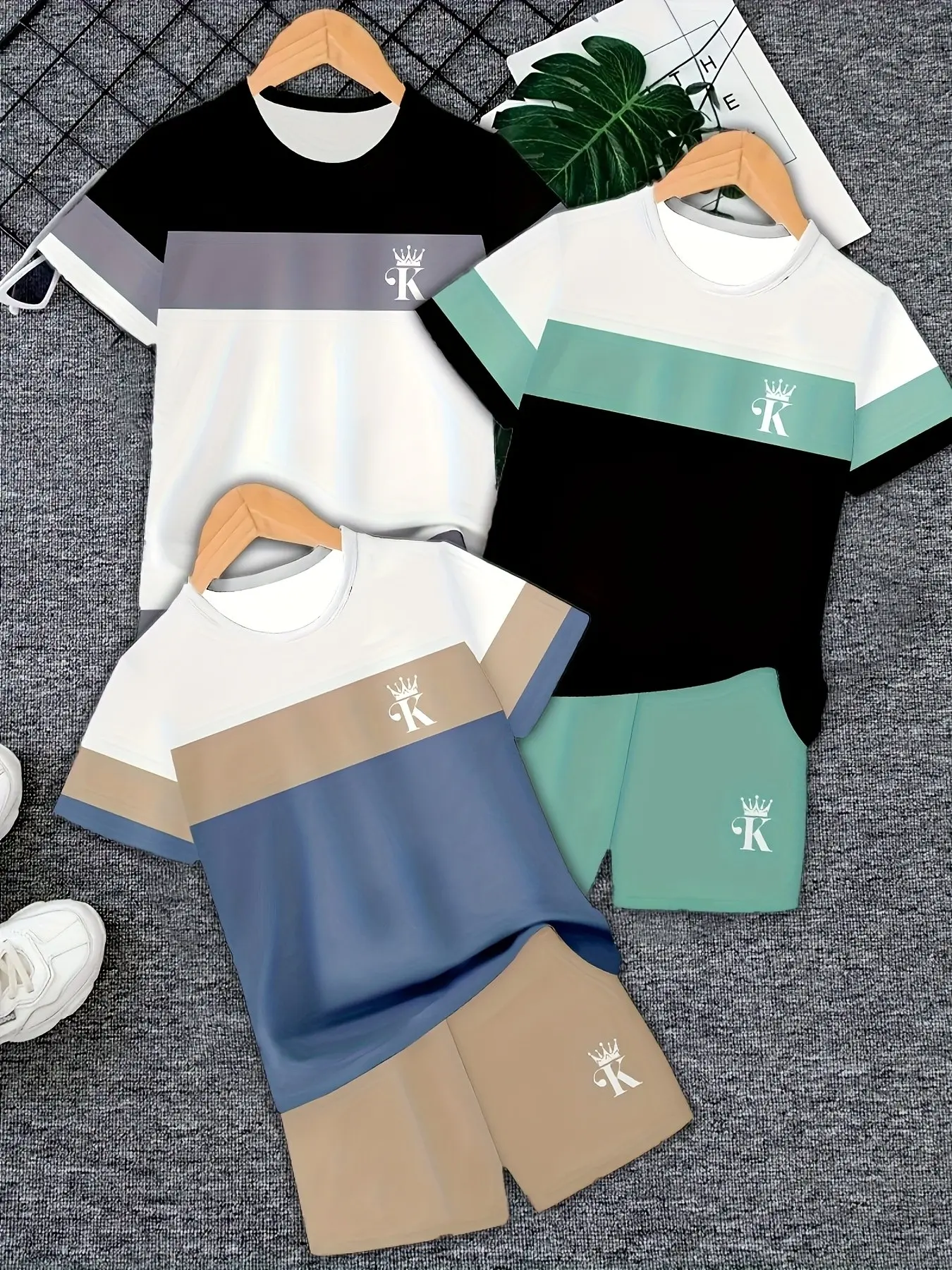 6-Piece Boy Fashion 3D Print Casual Short Sleeve Top and Shorts Set, Spring Summer Pullover, Outdoor Sports for Boys, Summer Clothing Set, Outfit Sets