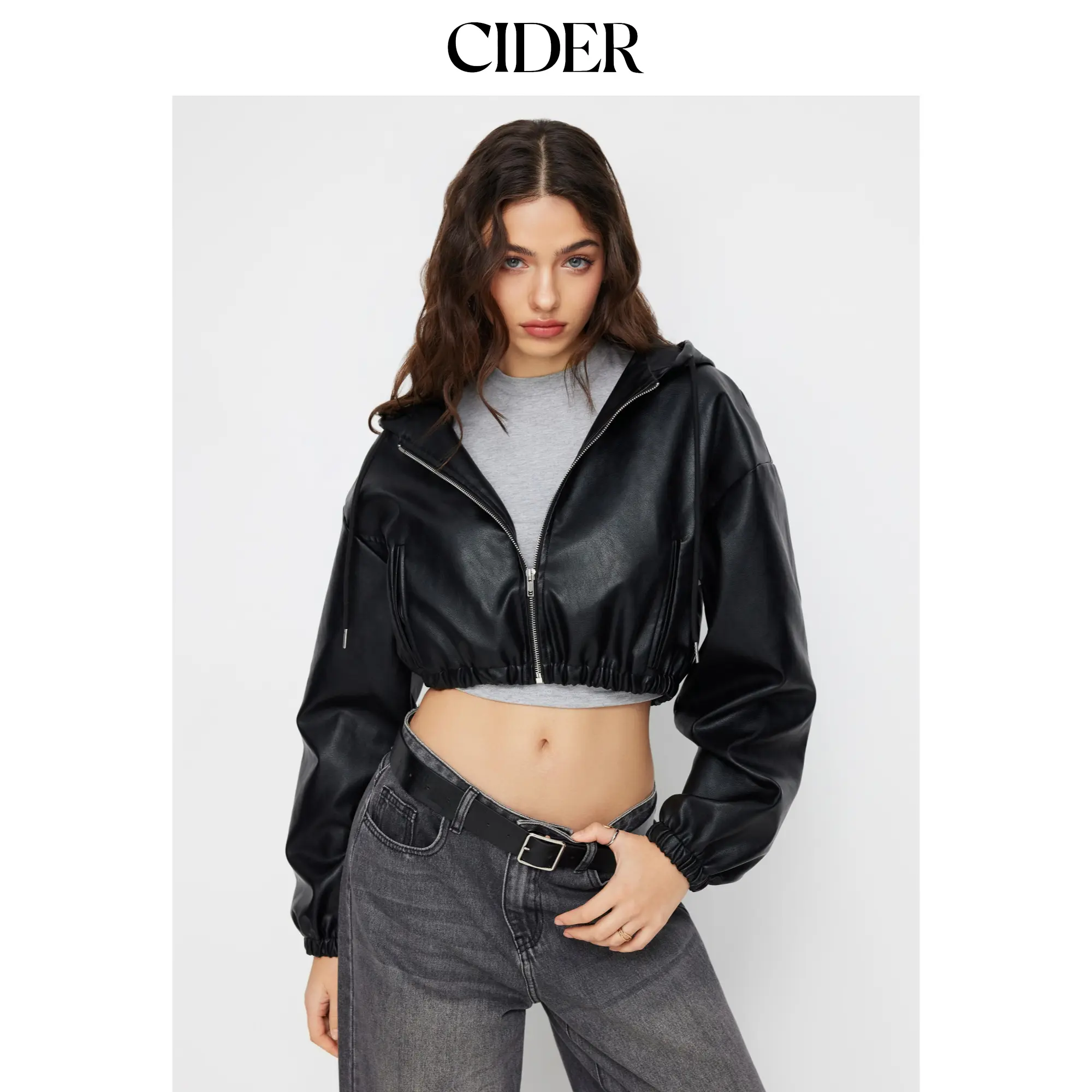 Cider Faux Leather Hooded Drawstring Zip Through Crop Jacket SohoChic
