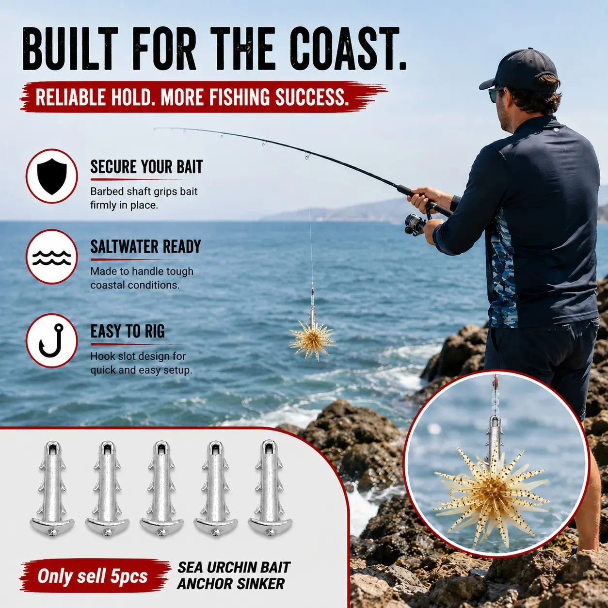 5PCS Sea Urchin Bait Anchor Fishing Weights with Locking Hook, Saltwater Fishing Tackle for Sea Urchin Rig, Coastal and Offshore Fishing, Silver, Fishing Gear