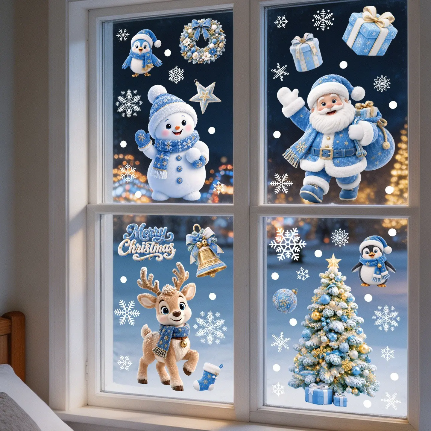4sheets/set Blue Gold Christmas window stickers, Santa Claus, Snowman, Christmas Tree, Elk, Penguin Gift static stickers, Snowflake electrostatic paste glass paste mall hotel french window Christmas decoration