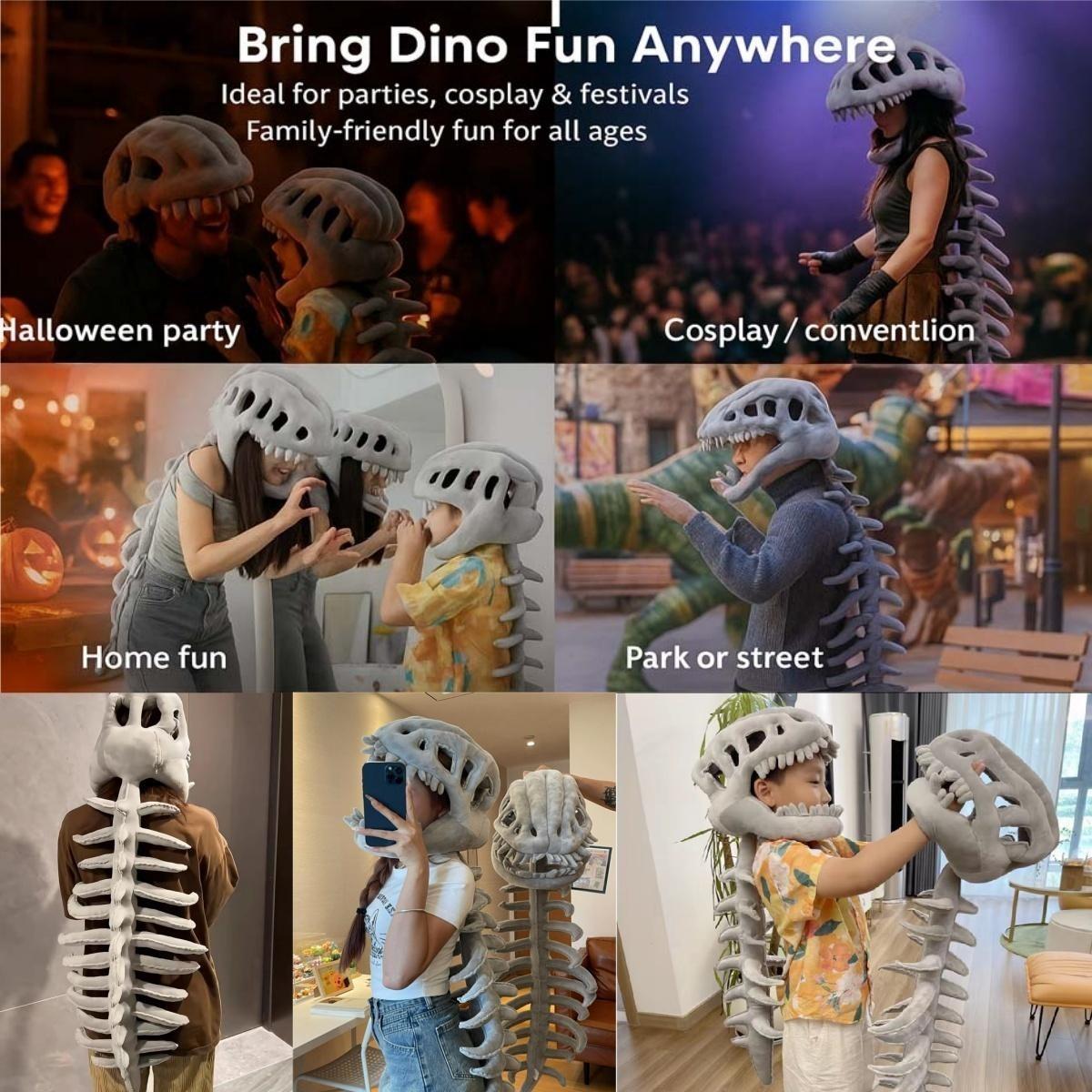 Realistic Dinosaur Skeleton Costume Set for Adults and Kids – Soft Plush Mask Hood with Spinal Backpiece, Wearable Halloween Role Play Party Outfit for Jurassic Cosplay