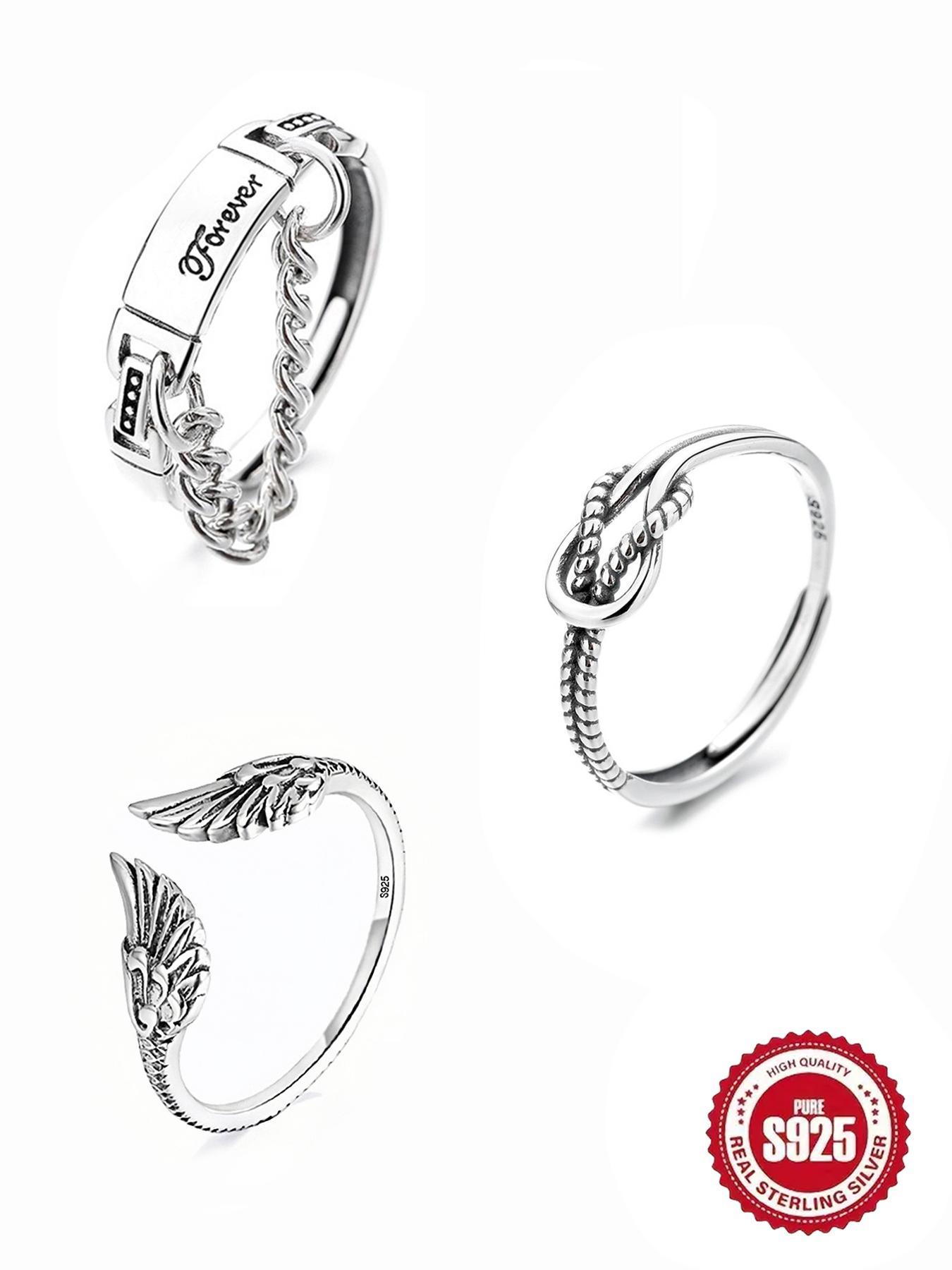 S925 Sterling Silver Vintage Angel Wing Design Cuff Ring, Open Ring, Fashion Jewelry Accessories for Women & Girls, Trendy Exquisite Jewelry for Birthday Gift