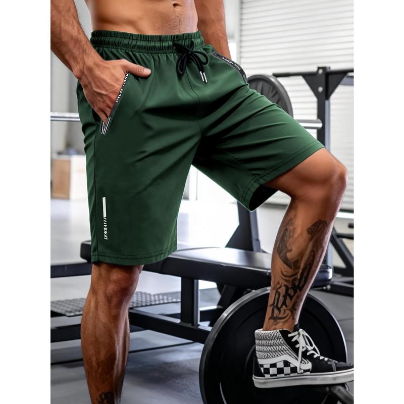 Male Active Outdoor Running Shorts - Normal Fit, Sporty Chic Style, Elastic Waist with Adjustable Drawstring, Straight Leg, Secure Pockets, Quick Dry Lightweight Breathable Water-Resistant Fabric for Fitness, Hiking (Slogan-Ready Design)