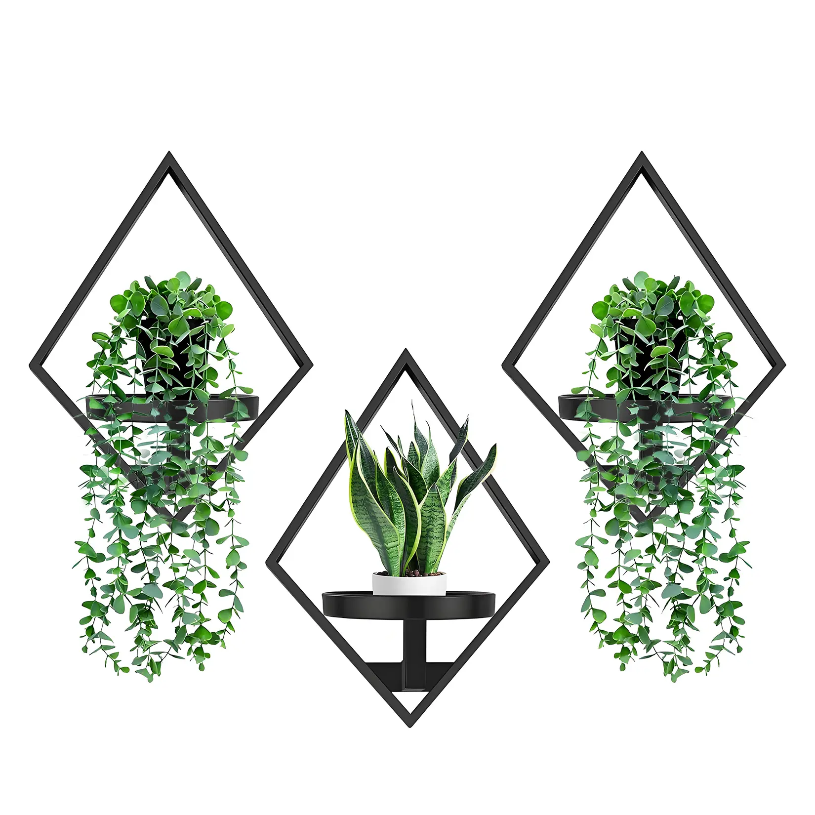 Black 3-Pack Geometric Metal Diamond Wall Mounted Shelf Set, Hexagon Display Racks for Living Room, Balcony Garden