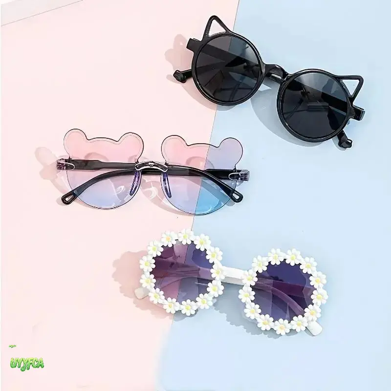 3-Pack Toddler Fit Kids Cartoon Sunglasses Set - Rimless Frames (Cat Ear, Bear, Daisy Flower), UV400 Shield Gradient Lens, Lightweight Non-Toxic Plastic, Beach Play Outdoor Fun Party Photo Prop Eyewear