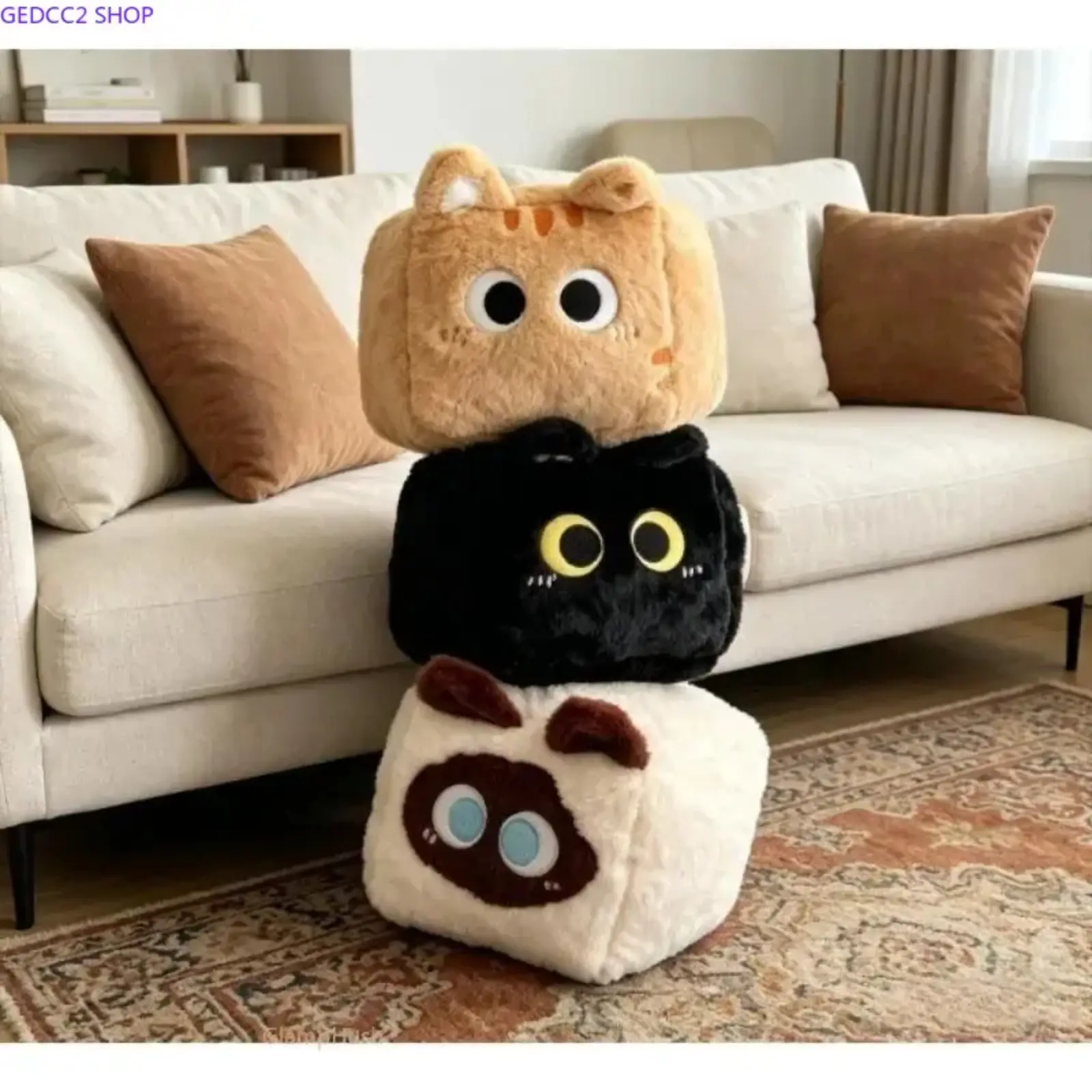 Cute Cat Plush Cube Pillow - Soft Fluffy Throw Cushion for Sports & Outdoor Camping Hiking Hammock Use, Bedroom Decor, Animal Theme Home Interior Accessory with Cozy Look & Fluffy Texture Gift for Cat Lovers