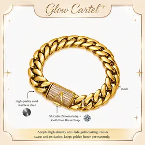 Luxury Gold Stainless Steel Miami Cuban Link Bracelet, 14MM Thick Cuban Chain with A-Z CZ Initial Clasp - Men's Accessories, Beach Essentials, Chains for Men, Hip Hop Punk Gothic Style, Non-Fading Fashion Jewelry for     Adjustable Heart Rate Couples Set
