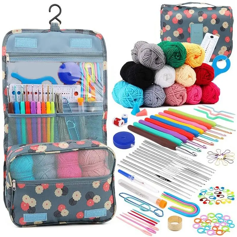 Crochet Kit for Beginners Complete 130 Pieces Starters Knitting Kit with Crochet Yarn, Ergonomic Crochet Hooks and Crochet Accessories in Hangable Storage Bag