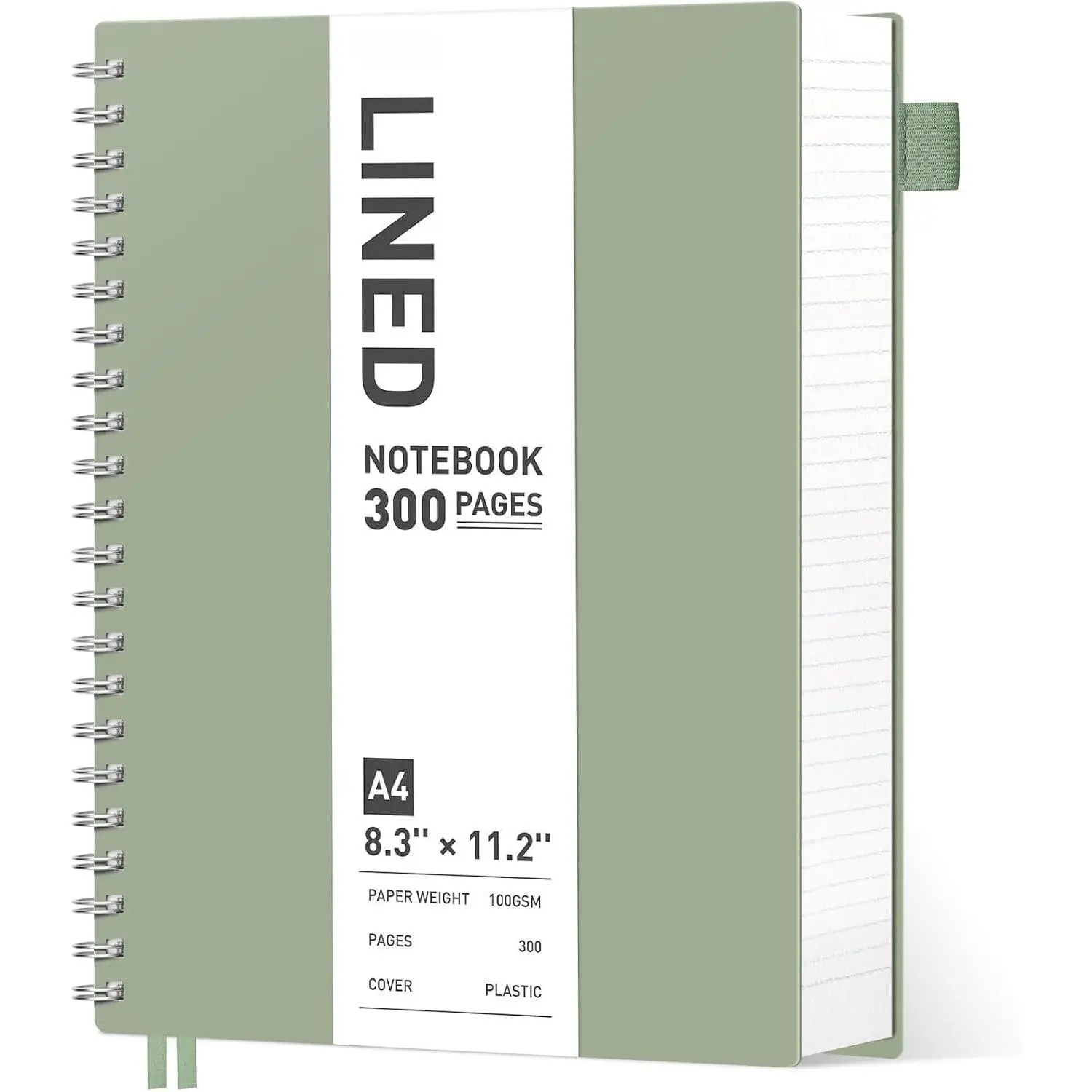 Spiral Notebook College Ruled - Large Spiral Journal A4 Notebook 8.5" x 11", 300 Pages Writing Journal for Work, 100GSM Thick Paper, Plastic Hardcover, for Women Men Office School, Sage Green