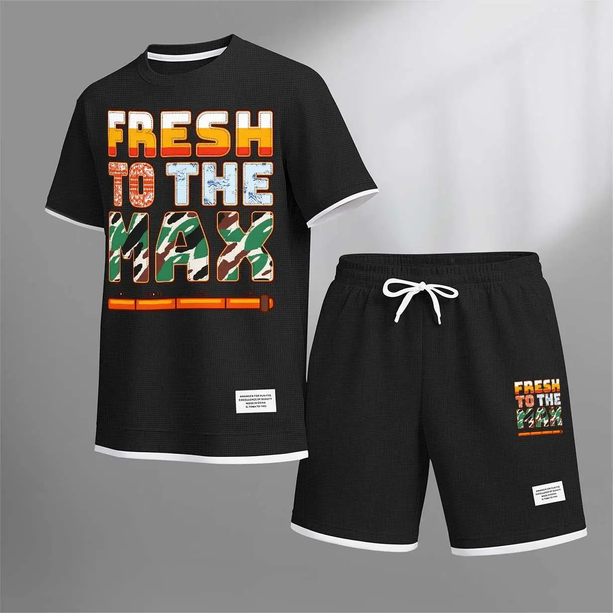 Men’s Fresh to the Max Graphic 2-Piece Set, Short Sleeve T-Shirt and Drawstring Shorts, Casual Loose Fit Summer Outfit, Lightweight Breathable Streetwear for Travel, Vacation, Daily Wear and Outdoor Activities