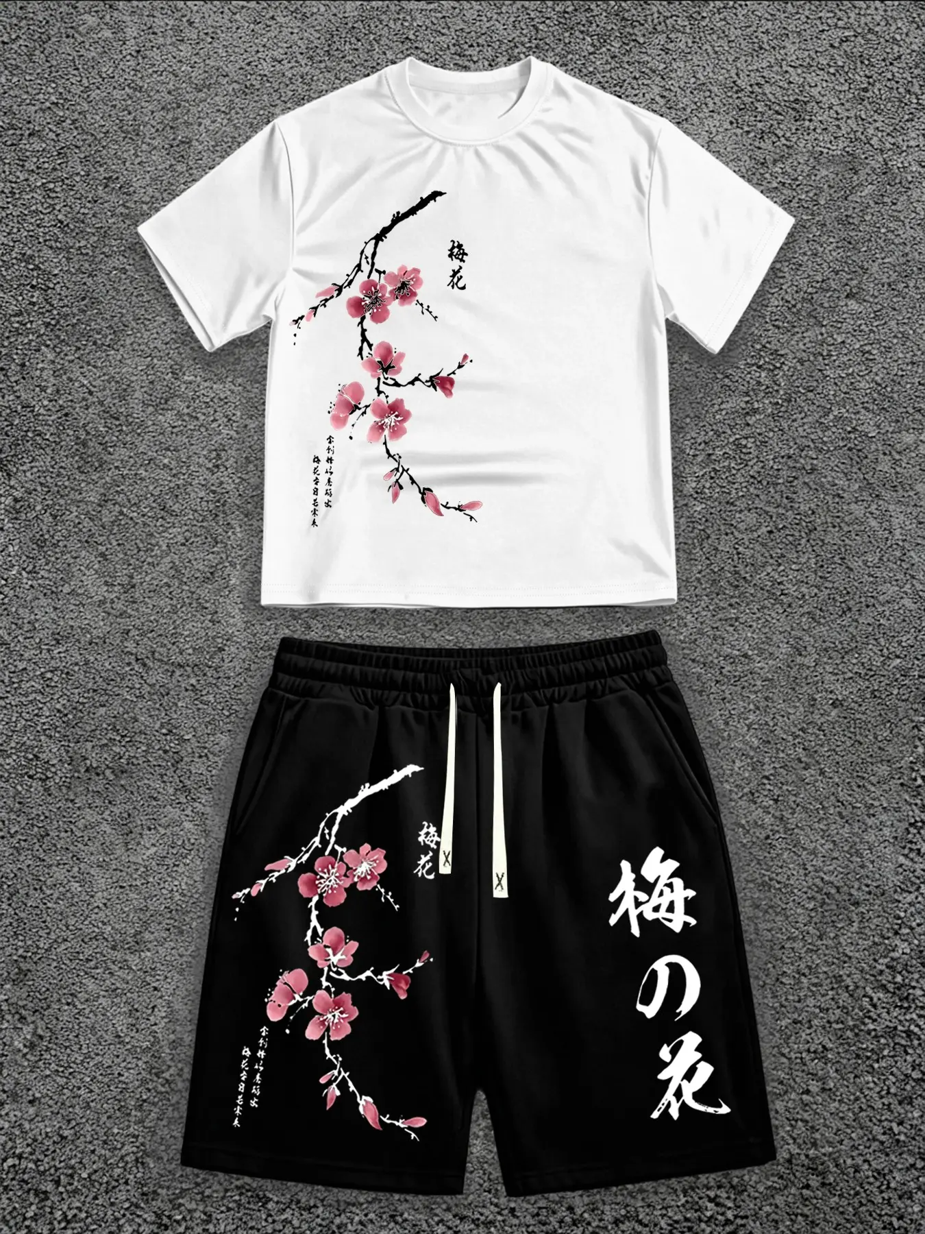 Men's Summer Plum Blossom Floral Graphic Pattern Two-Piece Set Outfit, Shorts Matching Set, Round Neck Short Sleeve Casual T-Shirt + Waist Drawstring Shorts, Outdoor Sports 2-Pack