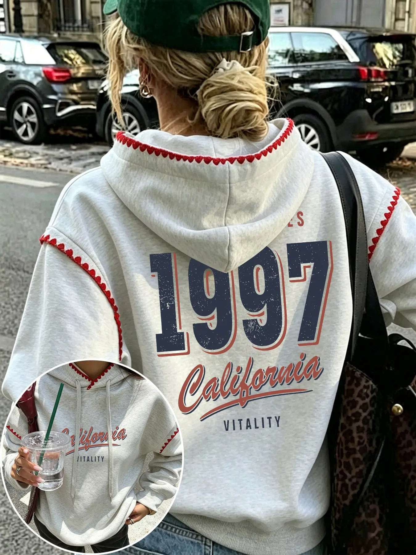 Vintage Patchwork Hooded Sweatshirt, Digital Letter Print, Comfortable and Stylish, Easy to Pair, Essential Fall & Winter Wear