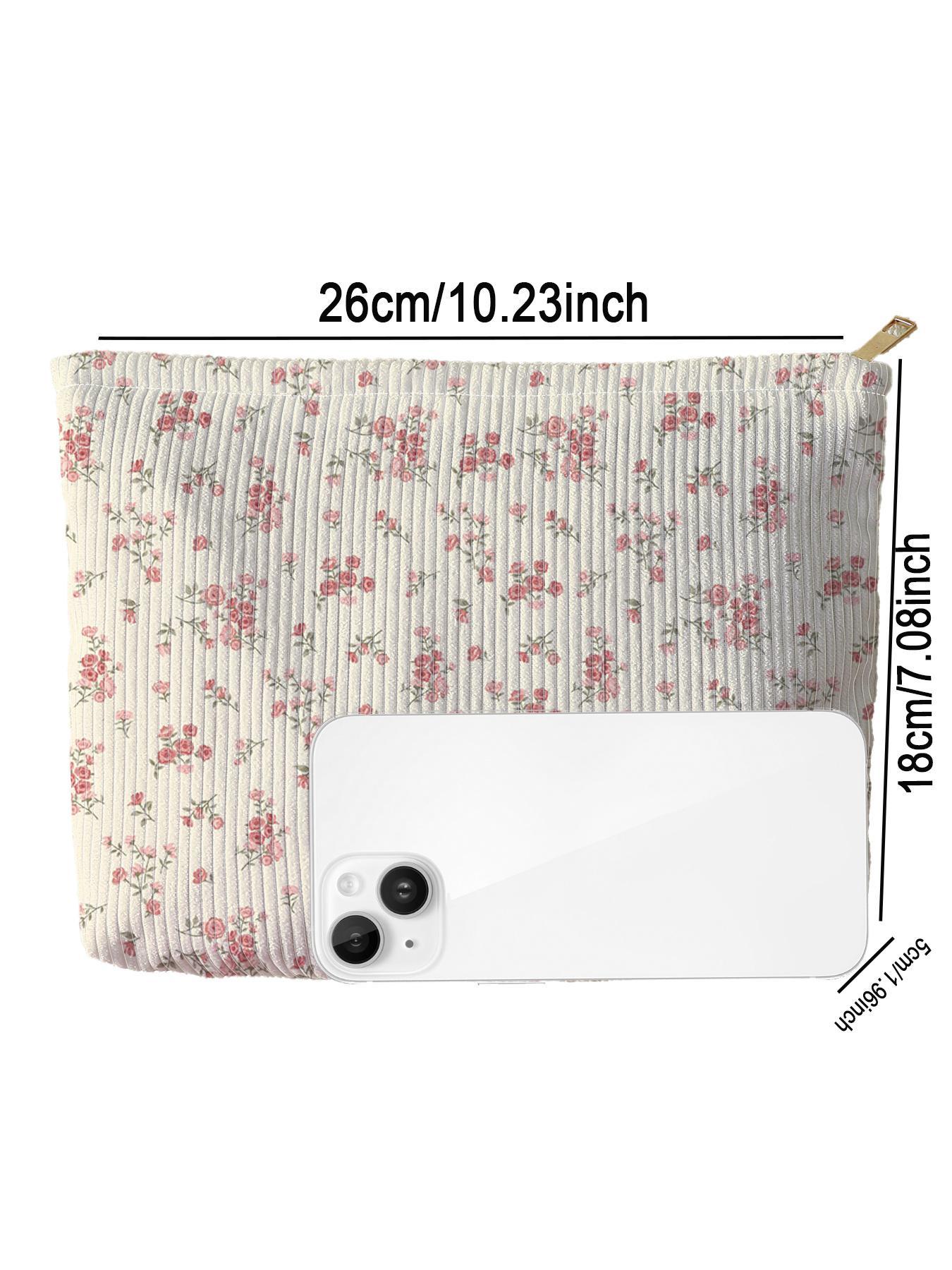 Ditsy Floral Pattern Makeup Bag, Casual Fashion Corduroy Zipper Makeup Bag for Travel, Versatile Storage Bag for Women & Girls, Makeup Organizer Pouch