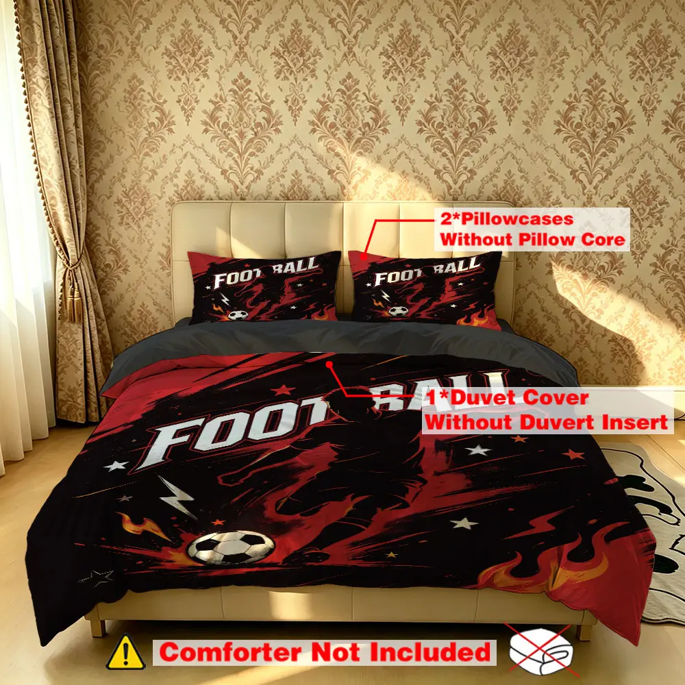 The 3-piece football player's "FOOTBALL" bedding set includes one duvet cover and two pillowcases, without fillings. It's soft and comfortable, suitable for single beds and double beds, and ideal for use in bedrooms, dormitories, and hotels.