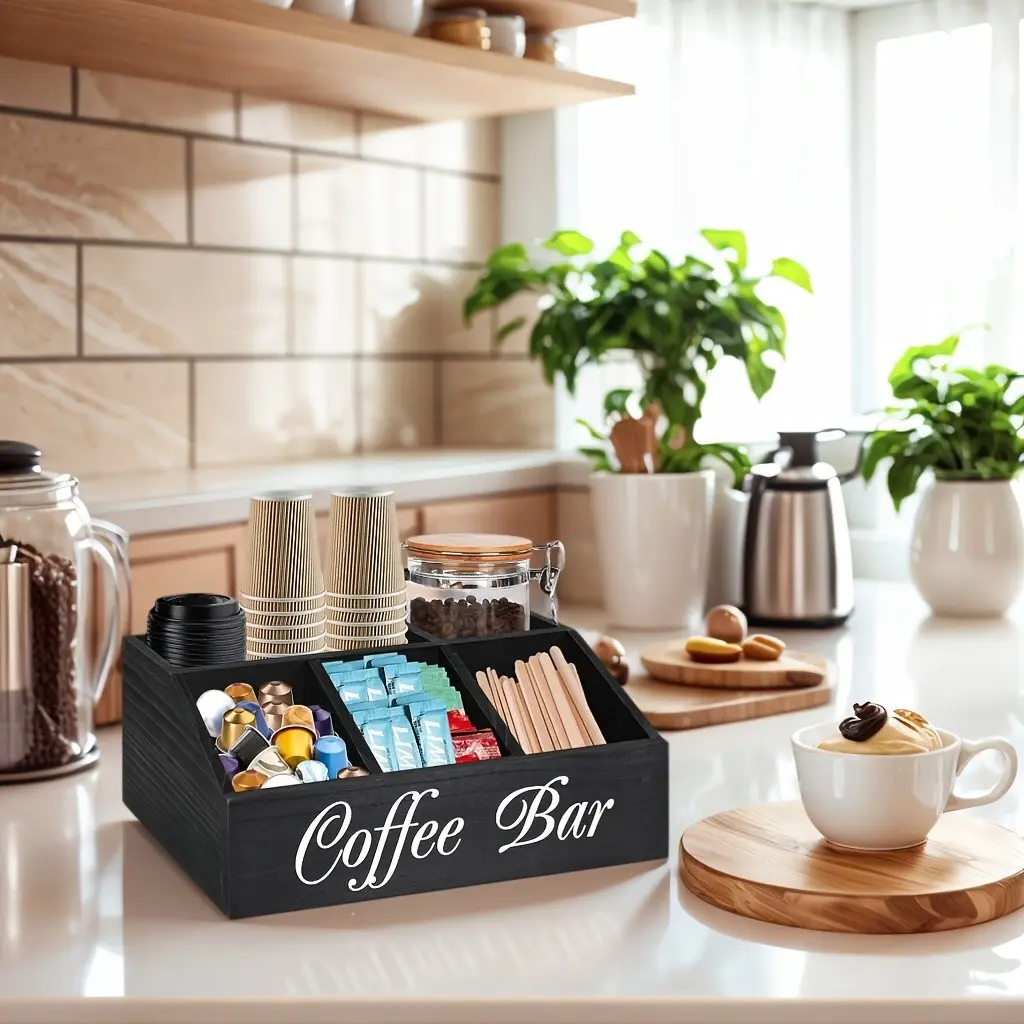 Wood Coffee Station Organizer with Cup Storage & K-Cup Holder - Rustic Suitable for Counter Top Shelf, Farmhouse Coffee Bar Decor, Tea Condiment Organizer Basket for Pods, Sugar, Cups, for, Office, Cafe - Space-Saving
