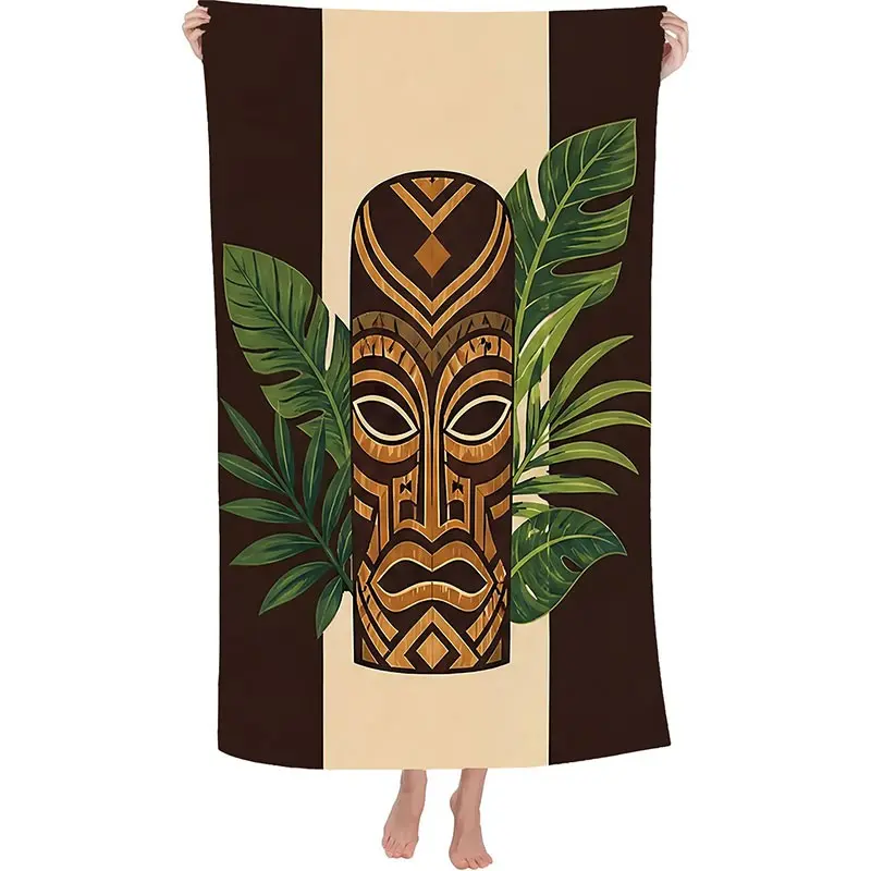 1 PC 30*60 Inch/35*72 Inch Hawaiian Tiki Masks Tiki Totem Tropical Leaves Extra Large Summer Pool Beach Quick Drying Towel