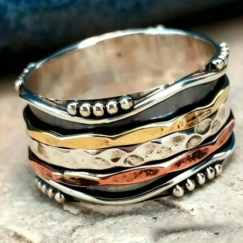 Ethnic Three-Color Geometric Wide Band Metal Ring, Unisex Vintage Rustic Casual Daily Party Wedding Jewelry, Boho Style Rings