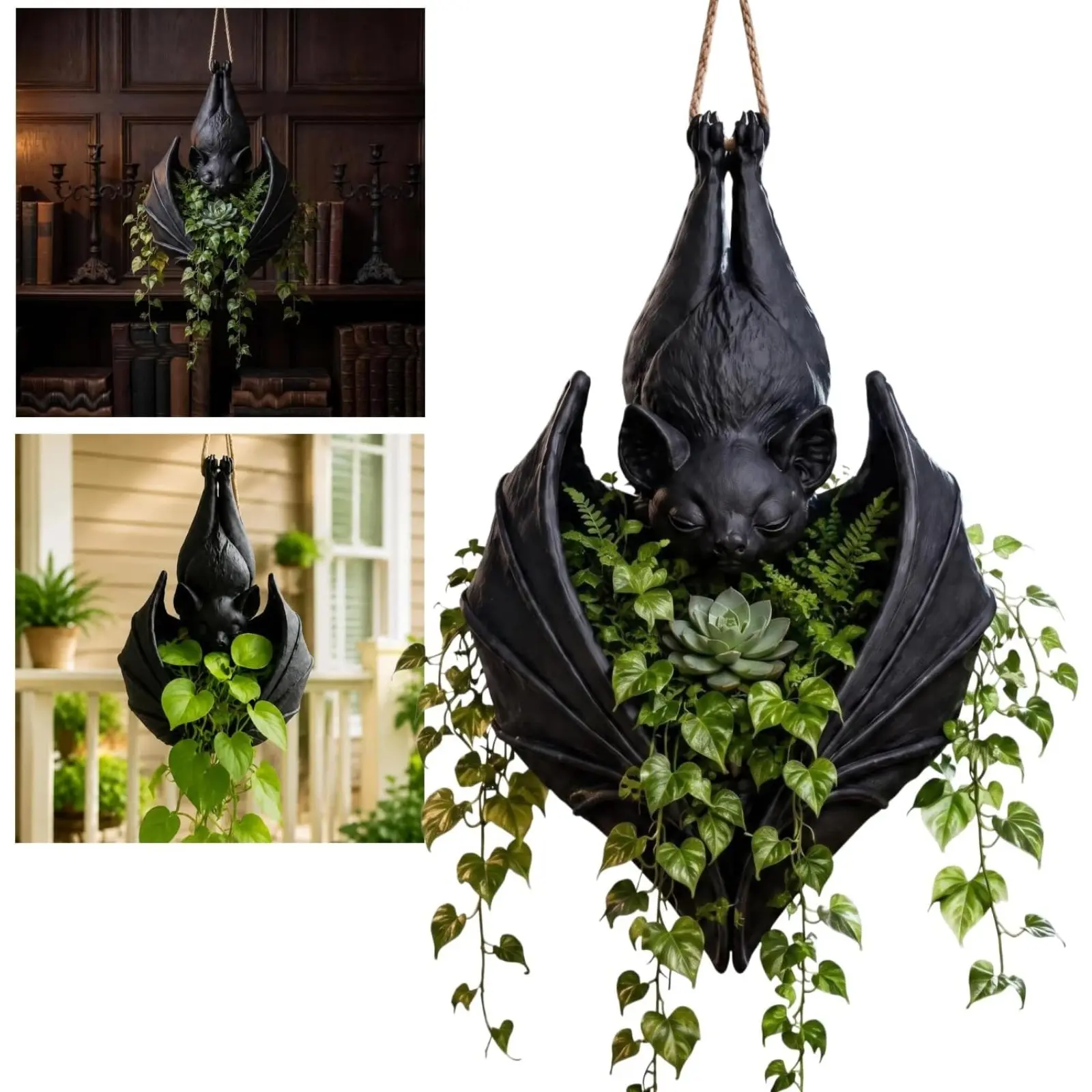 Hanging Bat Plant Pot | 3D Printed Halloween Gothic Planter for Succulents Indoor Outdoor Decor