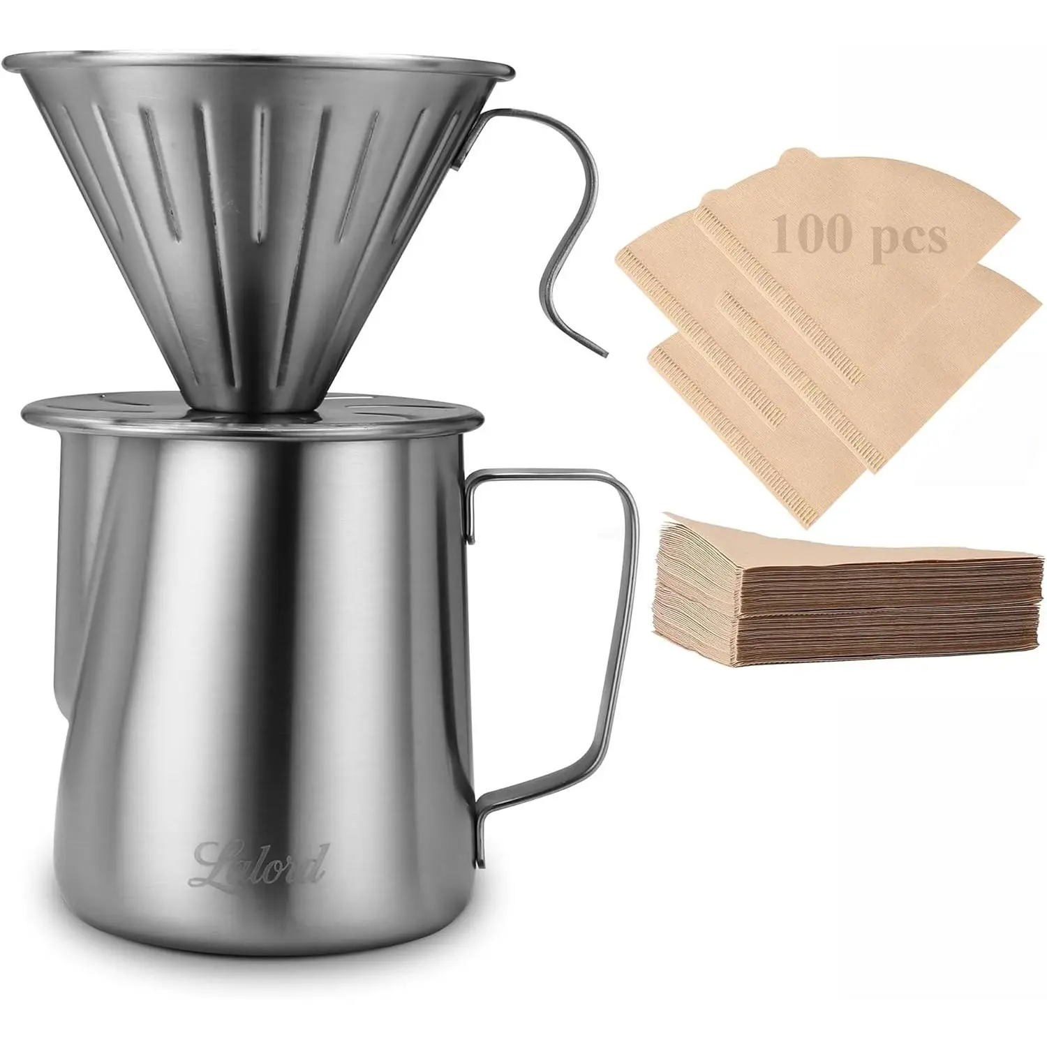 Pour Over Drip Coffee Maker, 304 Stainless Steel, with 100 Pcs Paper Filters & 600ml Frothing Milk Pitcher, Ideal for Home Camping