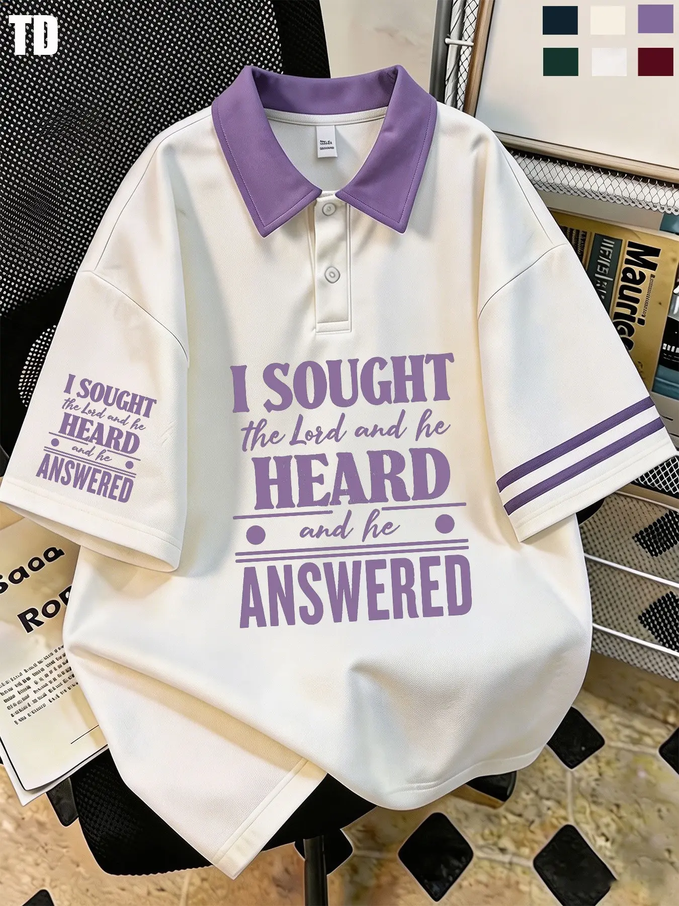 Td I Sought the Lord Faith Letter Graphic Polo Shirt, Unisex 6 Colors, Loose Fit, Patchwork Design, Casual Blouse for Christian Worship, Printed Polo Tops, Collared Top
