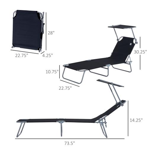 Folding lounge chair with adjustable backrest and sunshade, suitable for outdoor sunbathing, beach, camping, hiking, and courtyard.Portable reclining leisure chair