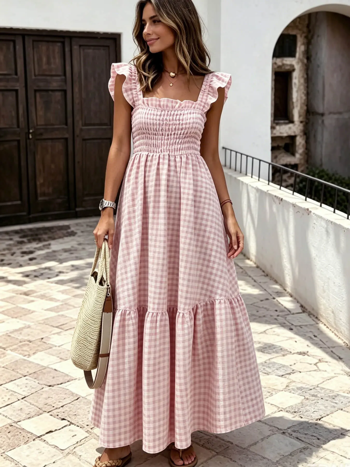 A fashionable and fresh plaid square neck dress for women, Casual Beach Sundress, with small fly sleeves, Beach Holiday Dress, suitable for summer, beach vacations, friend gatherings, park picnics, etc.