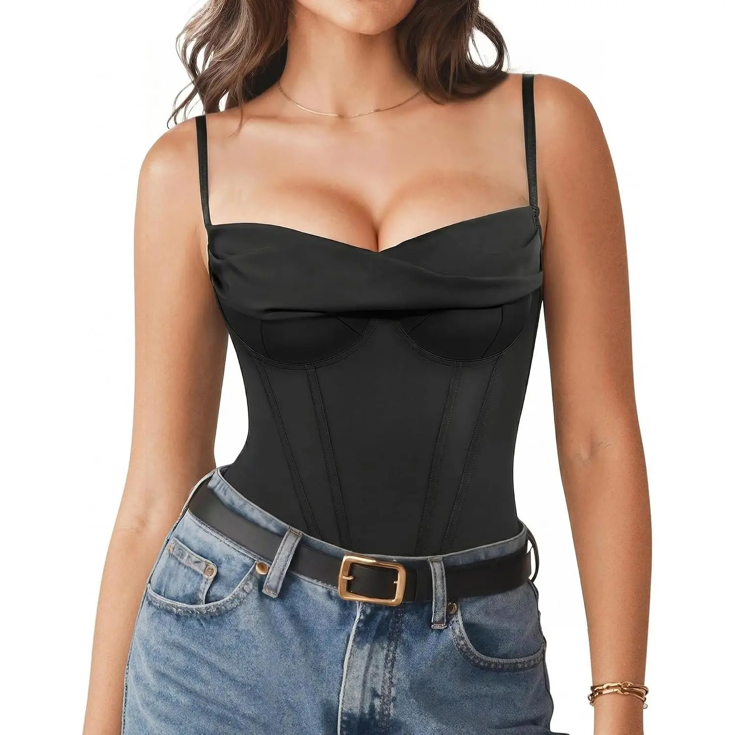 Women's Underwire Corset Bodysuit - Tummy Control Shapewear, Cowl Neck, Low Back, Chic Mesh, Soft Stretch Breathable Fabric - Concert, Date Night Outfits