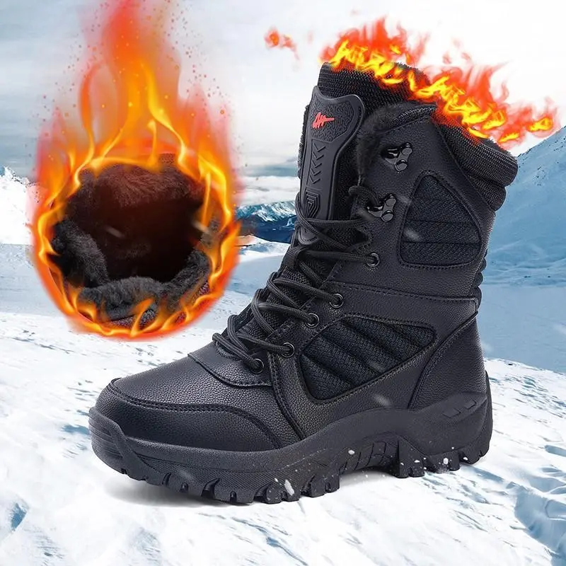 Winter Thermal Men's Fleece Snow Boots, Non-slip Wear-resistant Durable Rubber Sole, Fully Waterproof and Windproof, Lining for Ultimate Warmth Outdoor  Hiking Boots, Perfect for Outdoor Winter Activities, Ideal for Cold Black plu