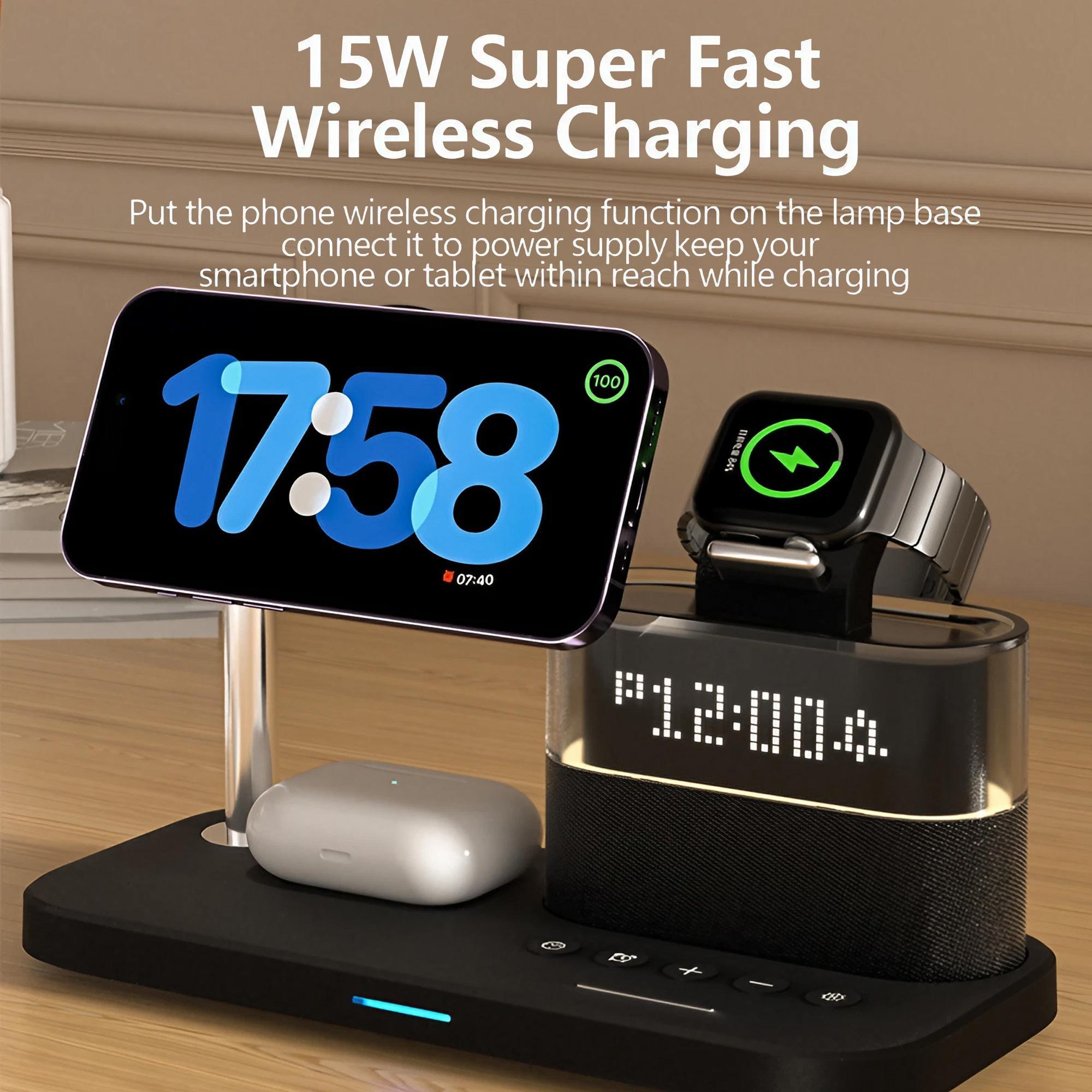 5-in-1 Wireless Charger with Clock, Magnetic Wireless Charger Stand for iPhone, Apple Watch, Airpods, Smart Watch Accessories, Magsafe Charger Set, Black Charging Station, for Smartphone, Magnetic Charging Design, Charging Dock