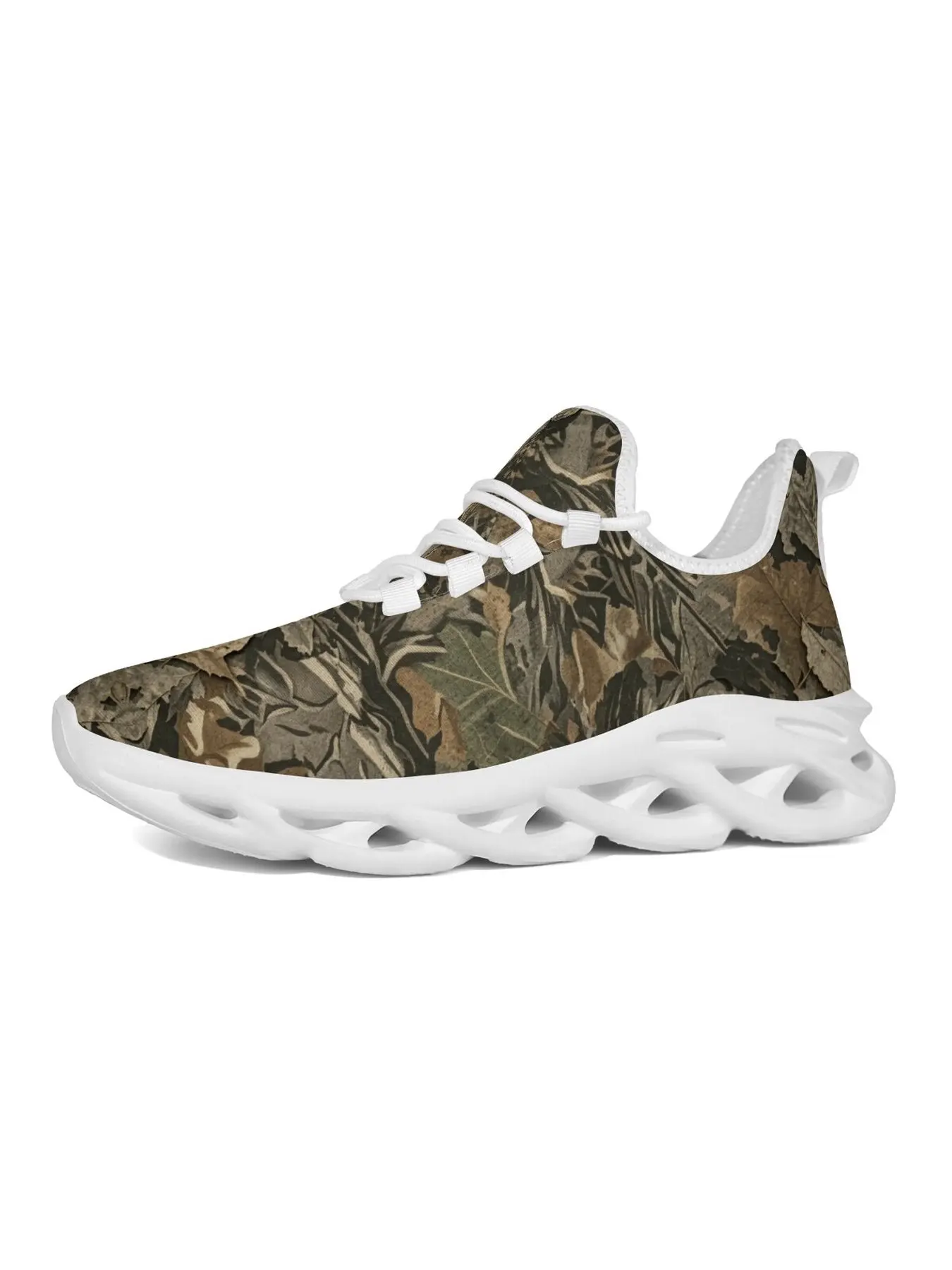 orest Leaf Camouflage Print Mesh Running Shoes for Men Women, Jungle Camo Lightweight Hollow Wave Sole Fashion Running Sneakers, Breathable Lace Up Casual Walking Trainers, Outdoor Hunting Camping Street Non Slip Footwear