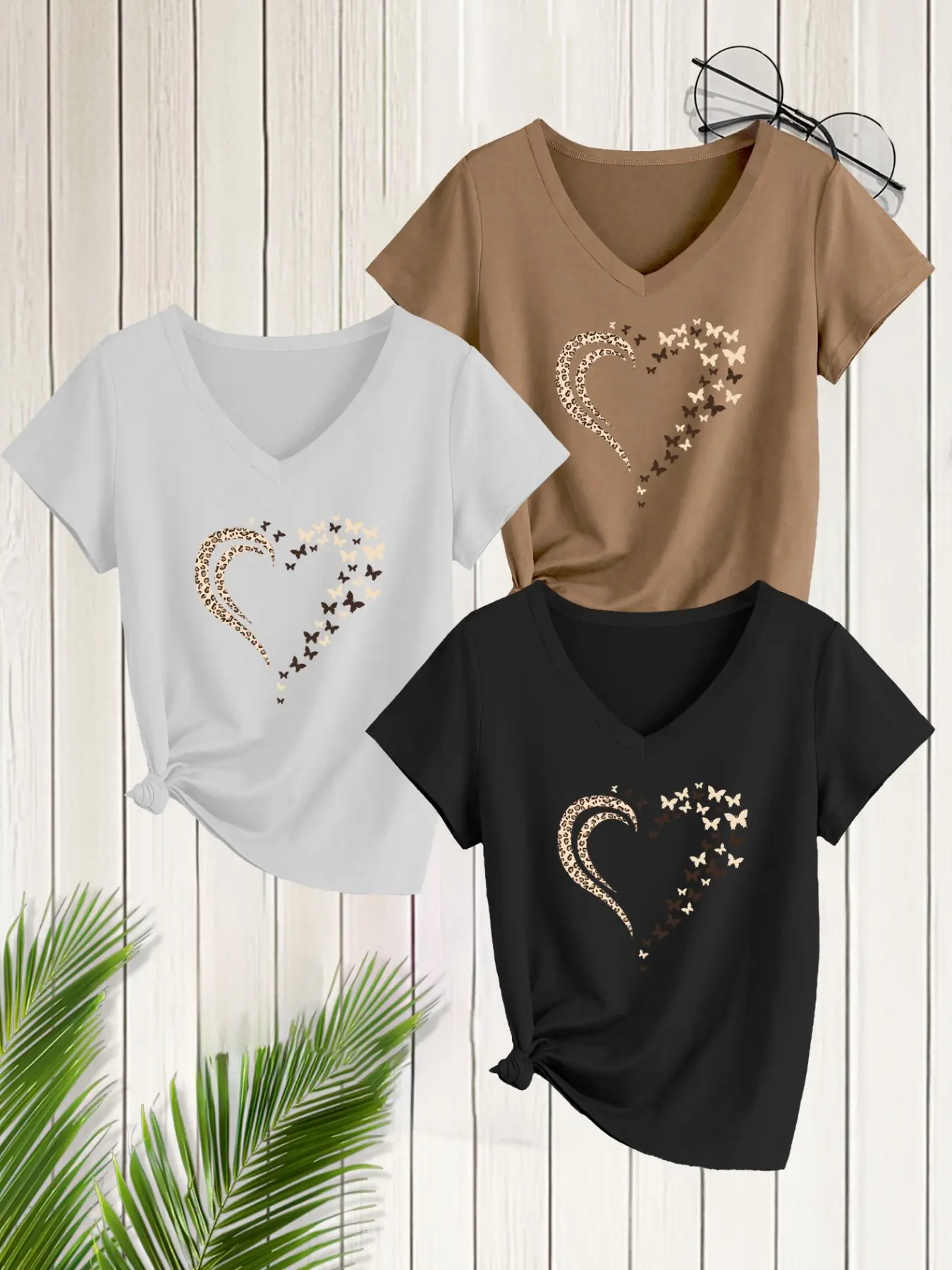3-Pack Women's Casual V-Neck T-Shirts, Butterfly Heart Print, Short Sleeve, Slim Fit, 100% Polyester, Spring Summer