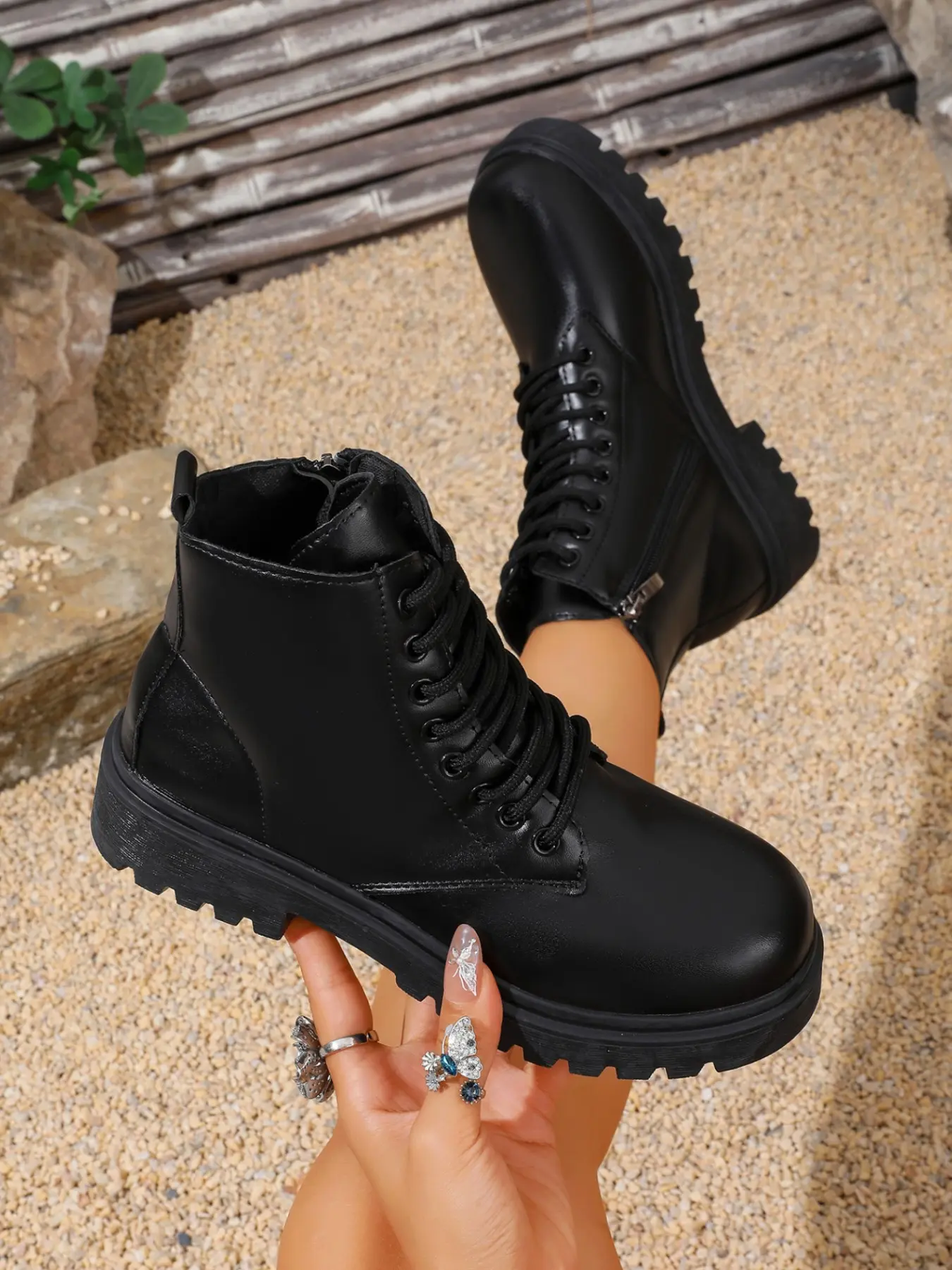 New Women's Lace-Up Side Zipper Chunky Sole Round Toe Short Boots, Fall Winter Workwear Motorcycle Boots, Versatile Ankle Boots