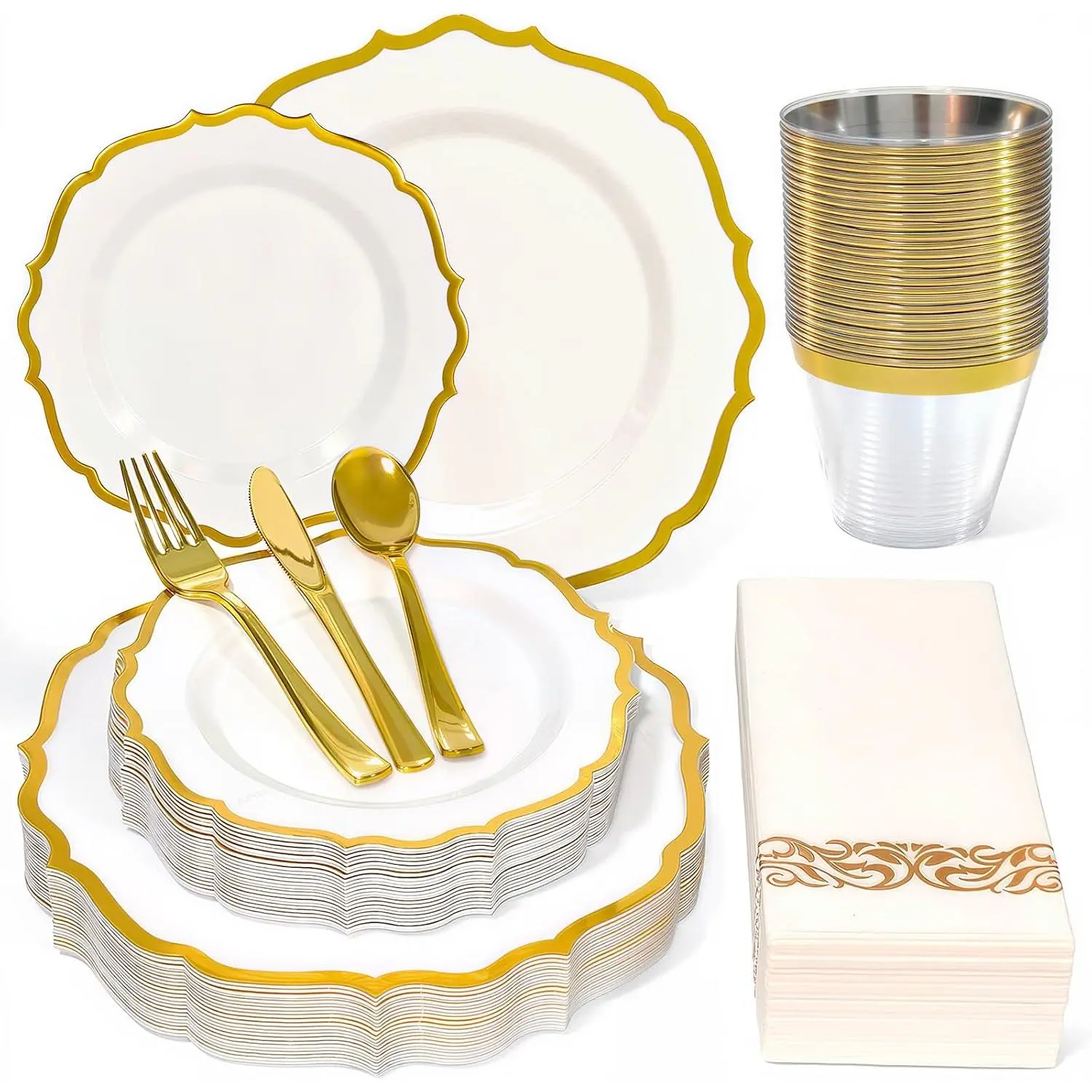 175 count Disposable Plastic Plates Dinnerware Set for 25 Guests | 50 Plastic Plates,25 Silverware Set,25 Cups and Napkins,Wedding Birthday,Family Party,Fancy Plastic Plates