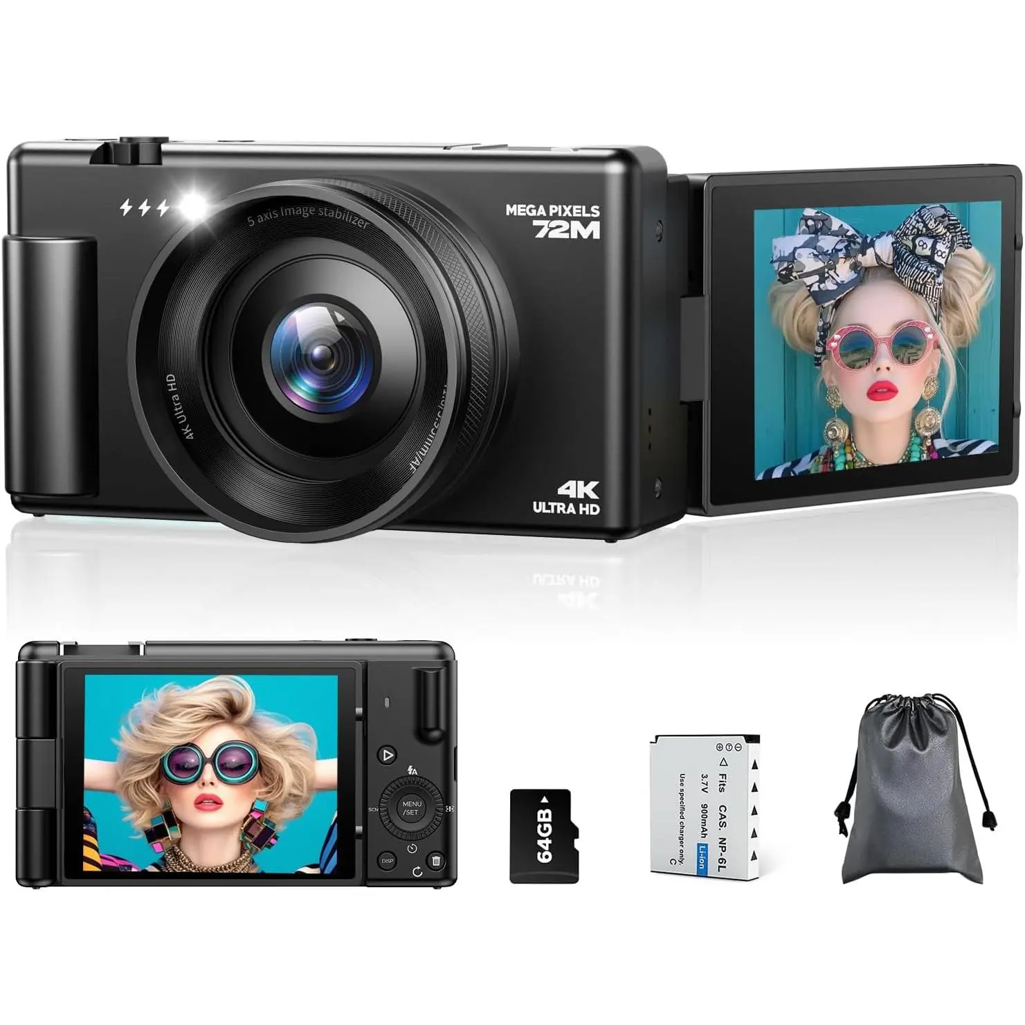 4K Digital Cameras for Photography, Compact Vlogging Camera with Flip Screen, 18X Digital Zoom YouTube Camera, Ideal for Bignners Boys Girls Black