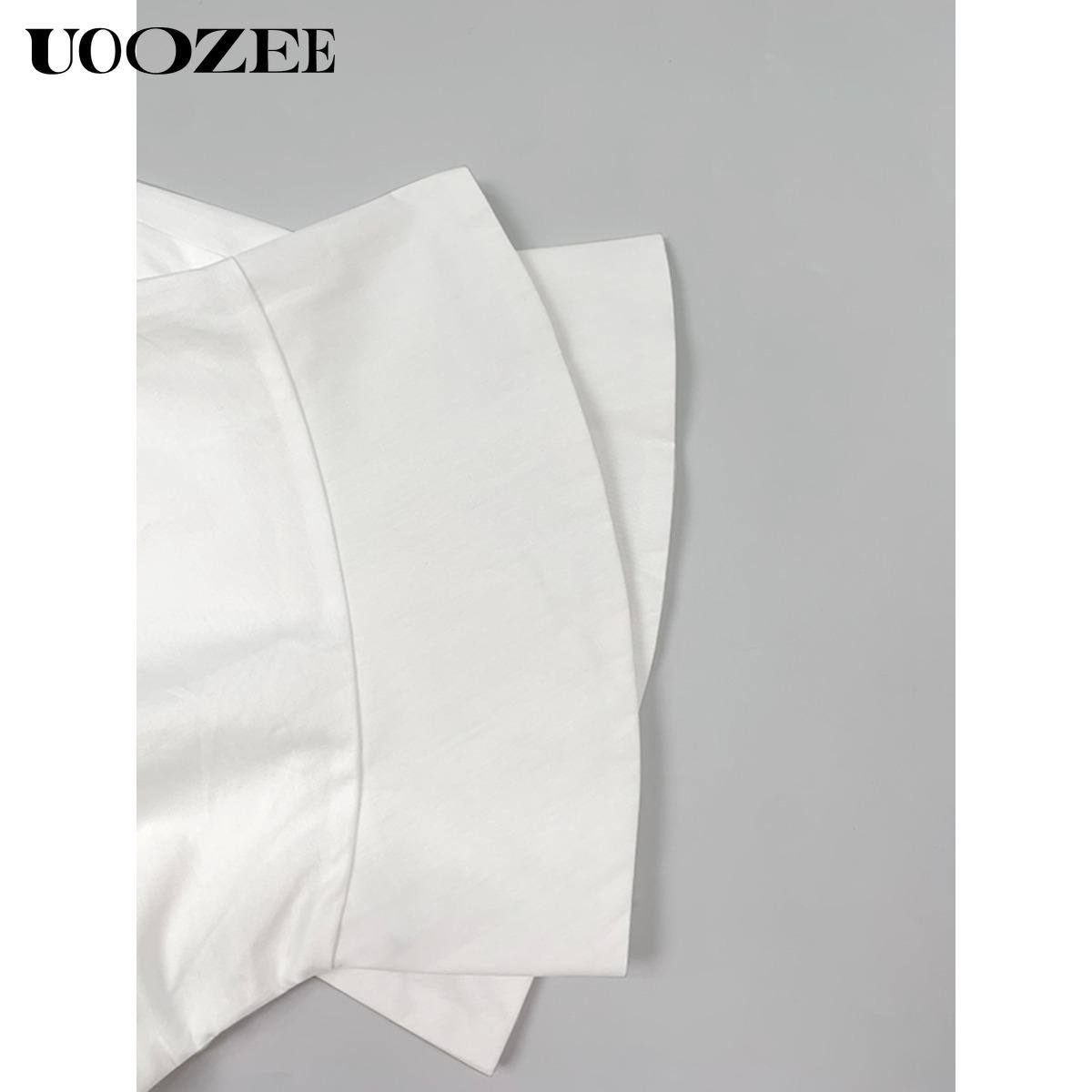 UOOZEE Women's New Summer Solid White 100% Cotton Lapel Collar Half Sleeve Sheer T-shirt, Waisted Irregular Ruffle Hem Loose Fit Buttoned Summer Blouse(One Size Up Recommended for C - Cup and Above)
