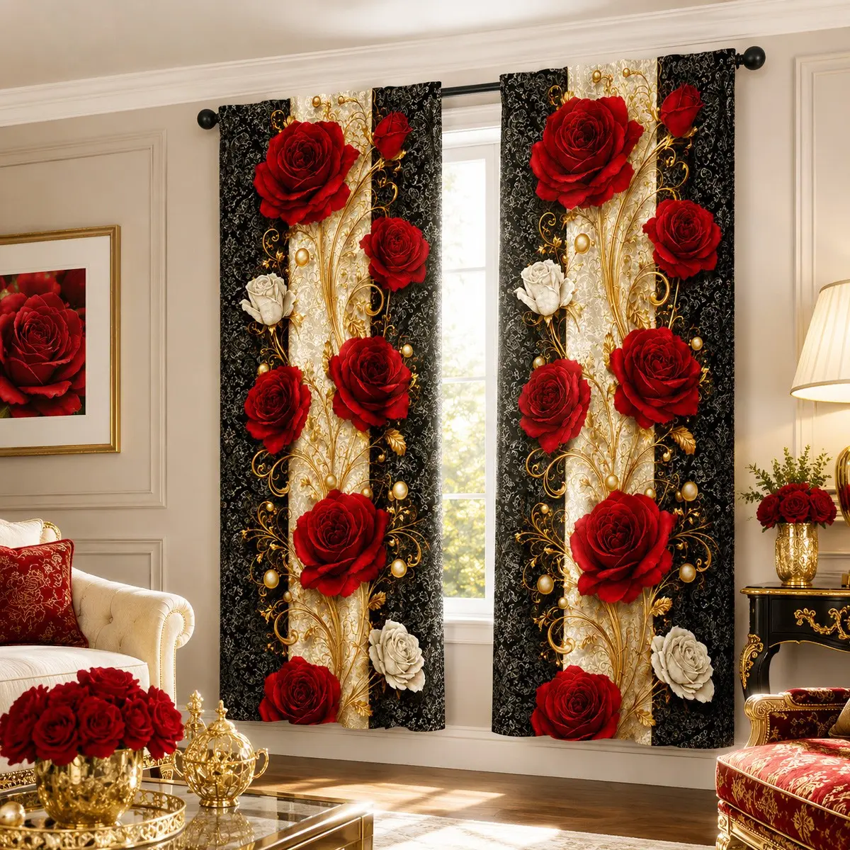 Luxury Rose Gold Vine Print Window Drapes, Vertical Stripe Pearl Design, Vintage European Style Living Room Bedroom Curtains