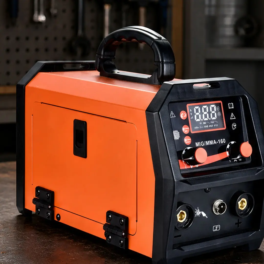 ARCH 160A Multiprocess Portable Welder - 4-in-1 Mode Dual Voltage 110/220V Gasless Flux Core MIG, ARC, Lift TIG, Stick Welder for Home Users, Iron+Plastic Metal Repair, Digital Display, Synergic Control (Black Orange, 1x 110V-220V Wire Adapter, Max 160A),