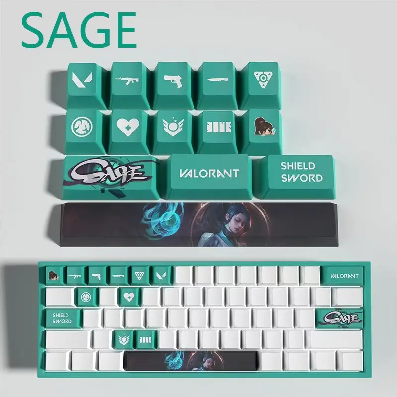 Valorant Theme Agent Sage 14-Key Pbt Keyboard Keycaps Set, Five-Sided Heat Transfer, Durable & Comfortable, Perfect for Gaming