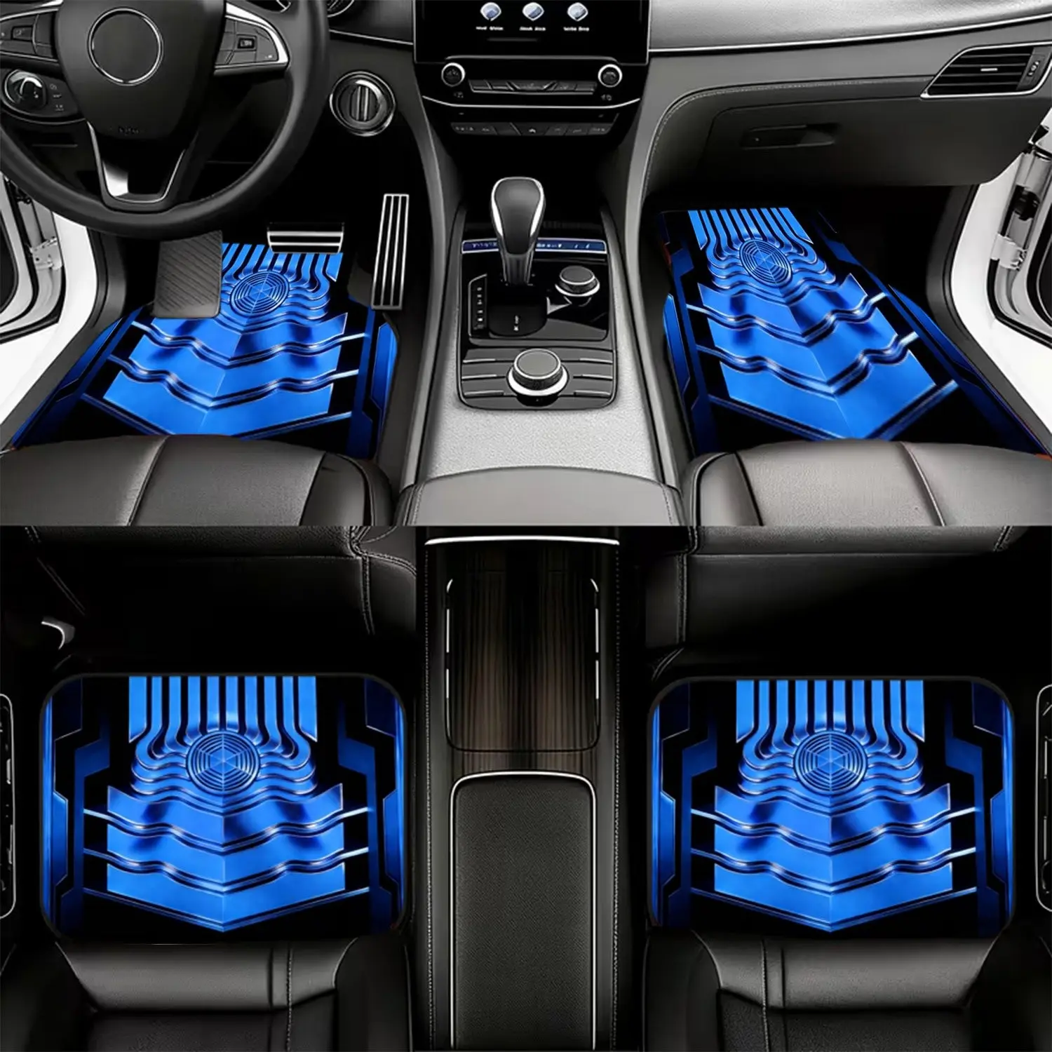 4-piece universal anti-slip car floor mats, resistant to dirt and wear, easy to clean, featuring a futuristic blue neon geometric pattern to create a modern tech vibe, 100% polyester fiber car interior decoration, stylish car accessories to enhance the ve