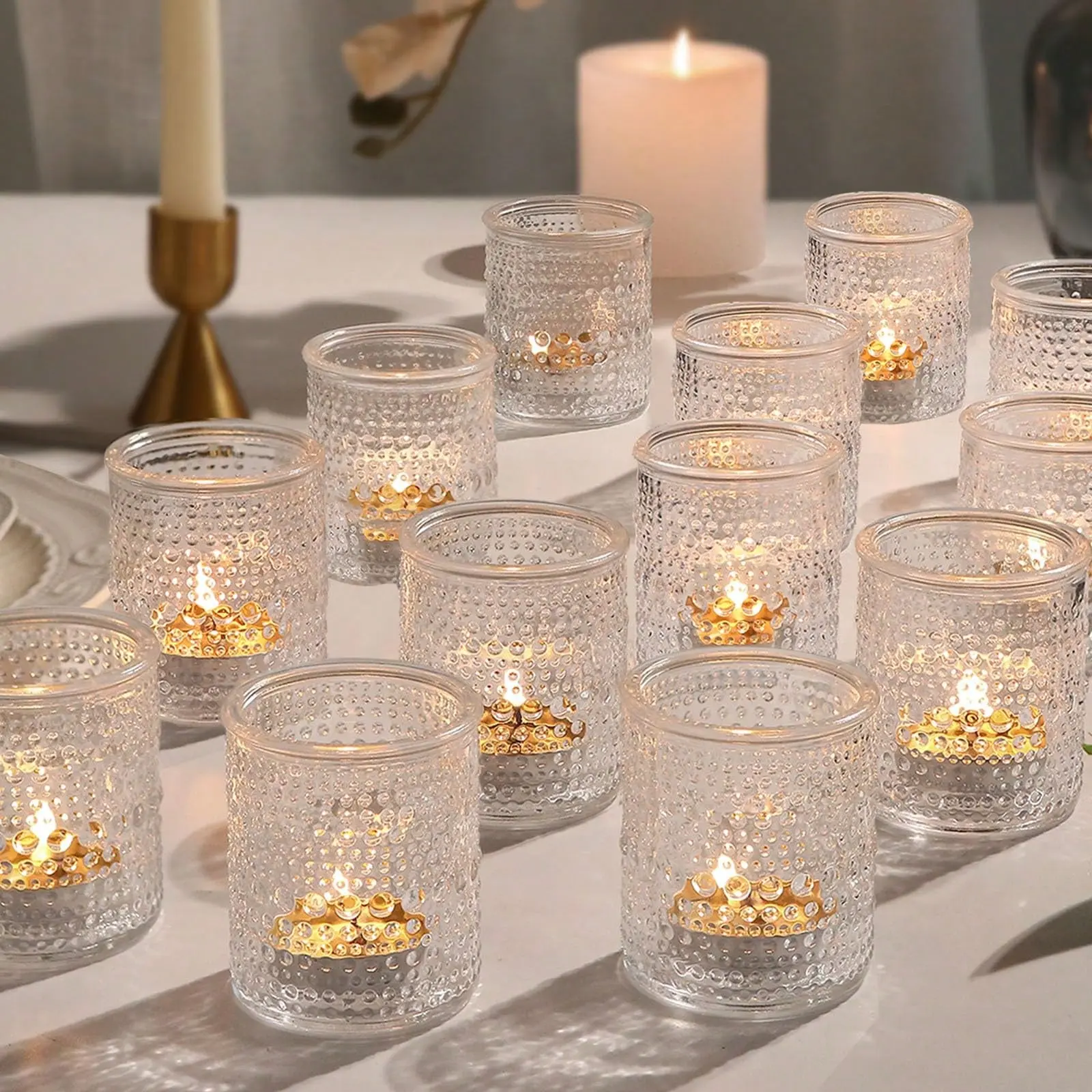 enyetuen 36 Pack Retro Crystal Tip Clear Glass Candlestick Holders, Transparent Multipurpose Table Centerpiece Decor, Compatible With Floating Candles & Tealight Candles, Ornament Set For Home, Birthday, Christmas, Wedding, Party And All Holiday Occasions